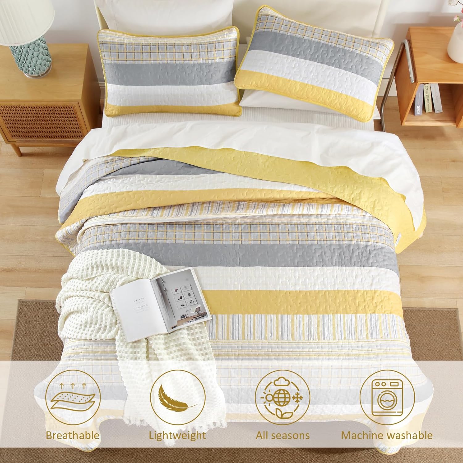 DJY Striped Quilt Set King Size, Yellow and Grey Boho Bedspread Coverlet Set 3 Pieces Lightweight Soft Microfiber Patchwork Quilt Bedding Set for All Season (104"x90") - Image 3