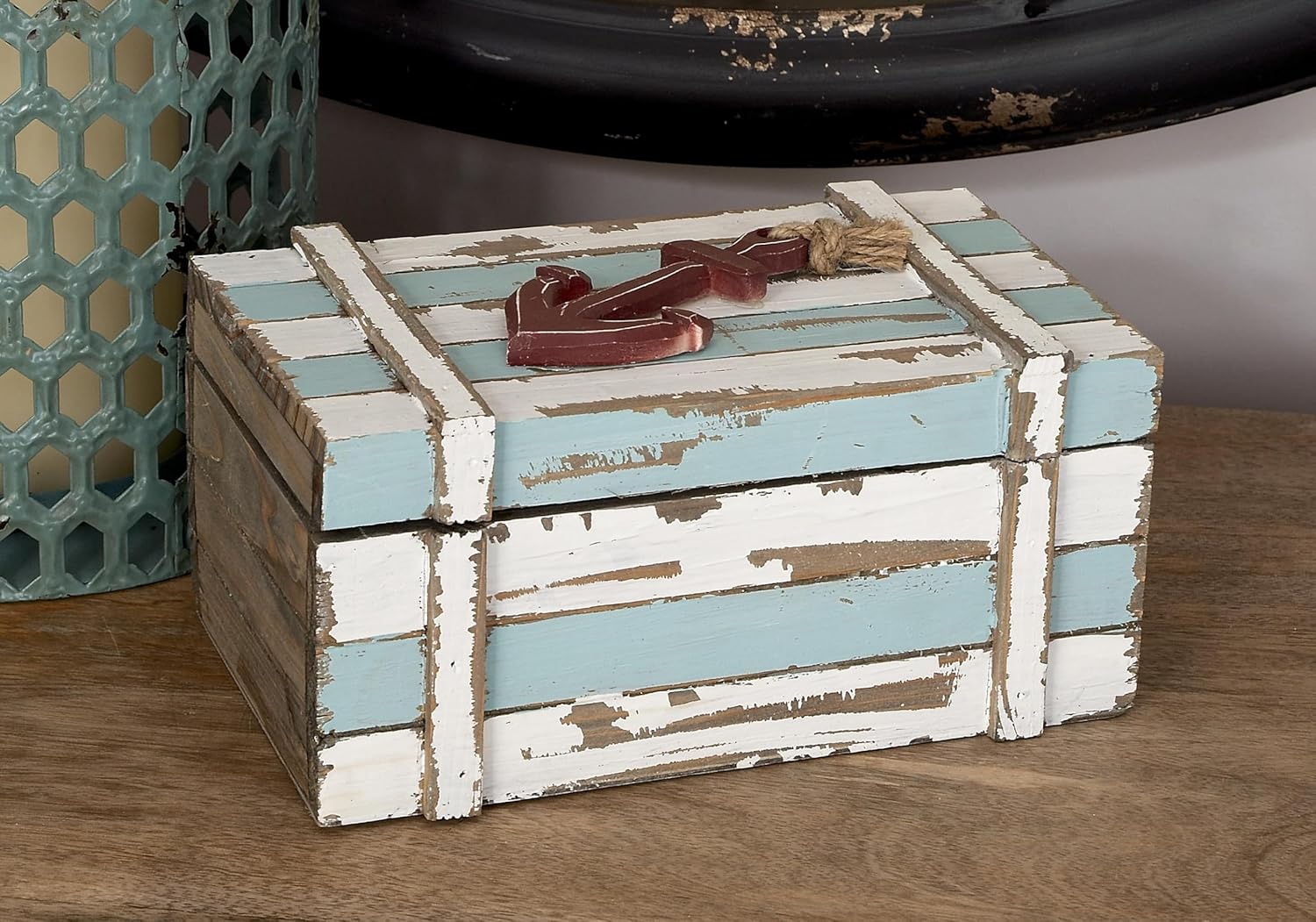 Deco 79 Wood Decorative Box Decorative Keepsake Boxes with Anchor Detail and Hinged Lid, Set of 2 Storage Boxes 10", 7"W, Teal