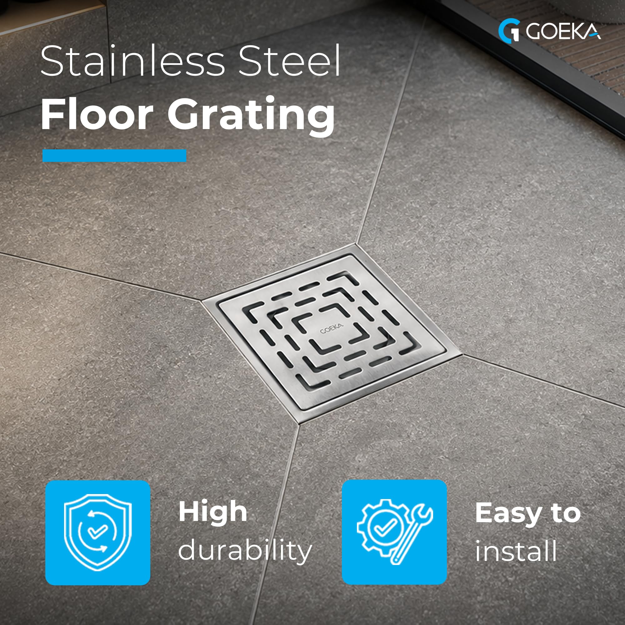 GOEKA® Sapphire Square Flat Cut Floor Drain | 304-Grade Stainless Steel Waste Water Drain Channel with Anti-Cockroach Trap | 6 x 6 Inches Bathroom, Kitchen & Balcony Jali 1