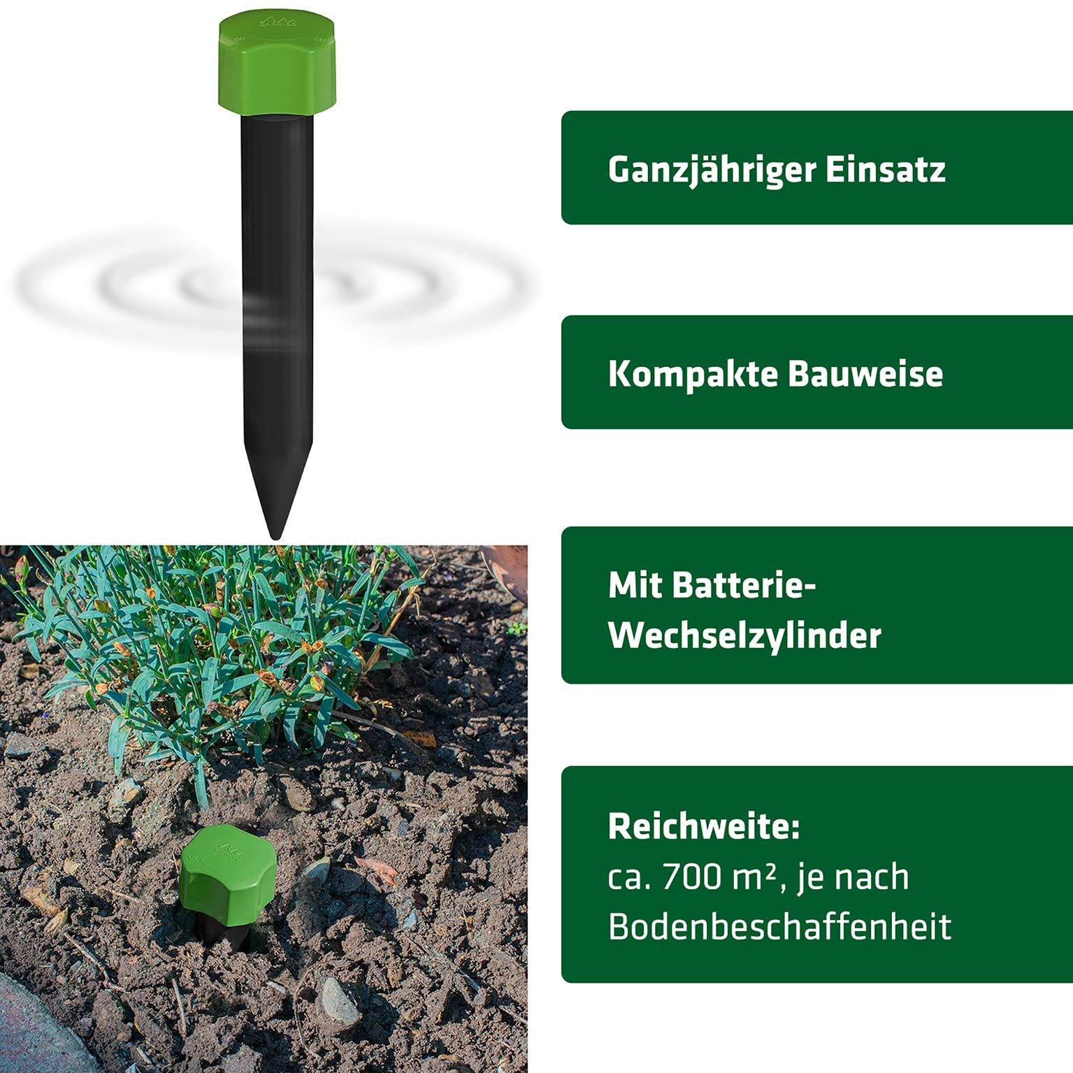 Gardigo® Dissuasore per Talpe - Set da 4 | Scaccia Talpe Mini a Batteria | 400 Hz | Dispositivo Anti Talpe per Giardino | Cambio Batteria Facile | Repellente per Arvicole