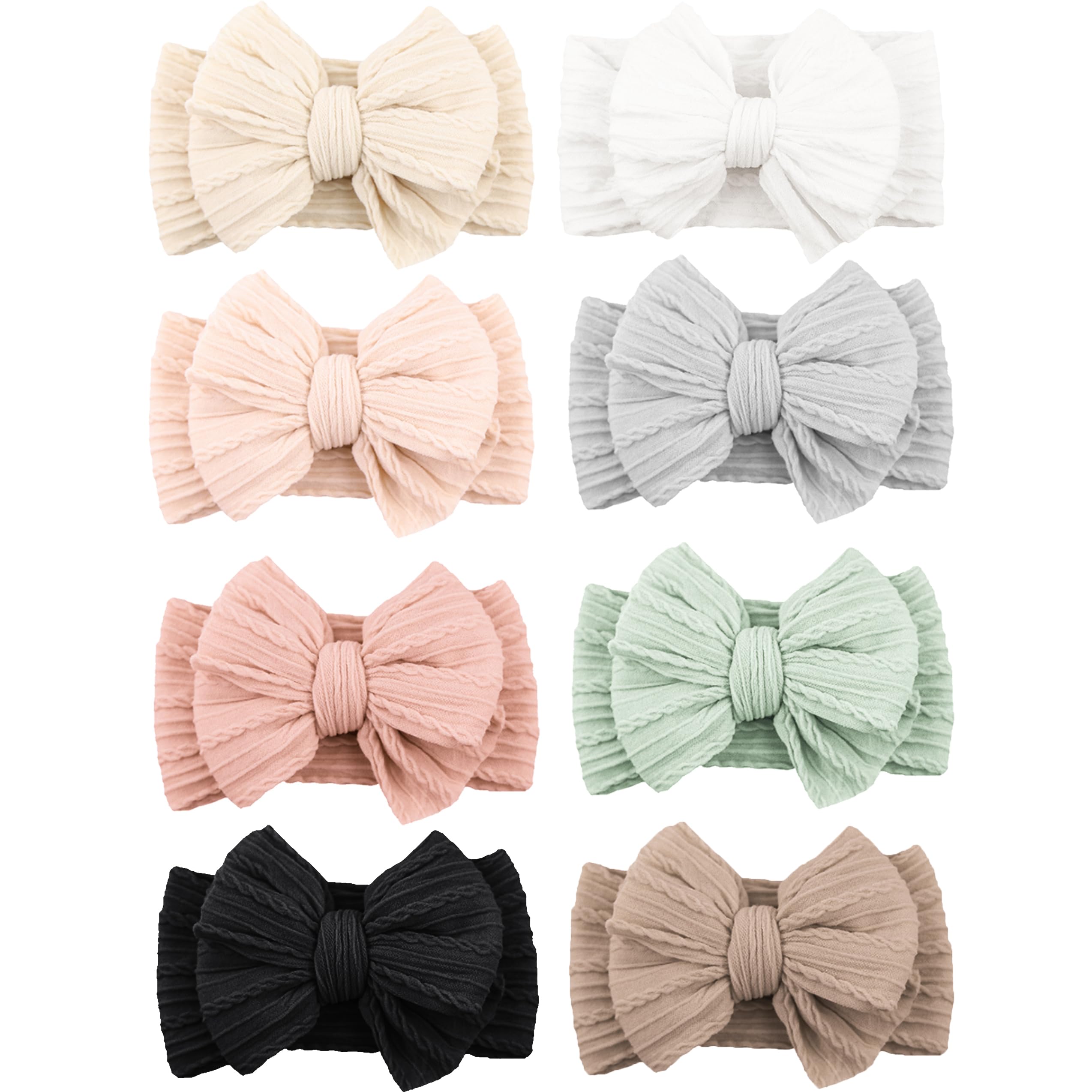 Niceye 6 Pack Baby Girl Headbands with Bows, Soft Stretchy Nylon Bands | Large Bows with Knit Texture, Handmade Hair Accessories for Newborn Infant Toddler Girls, Daily Wear & Photoshoots White