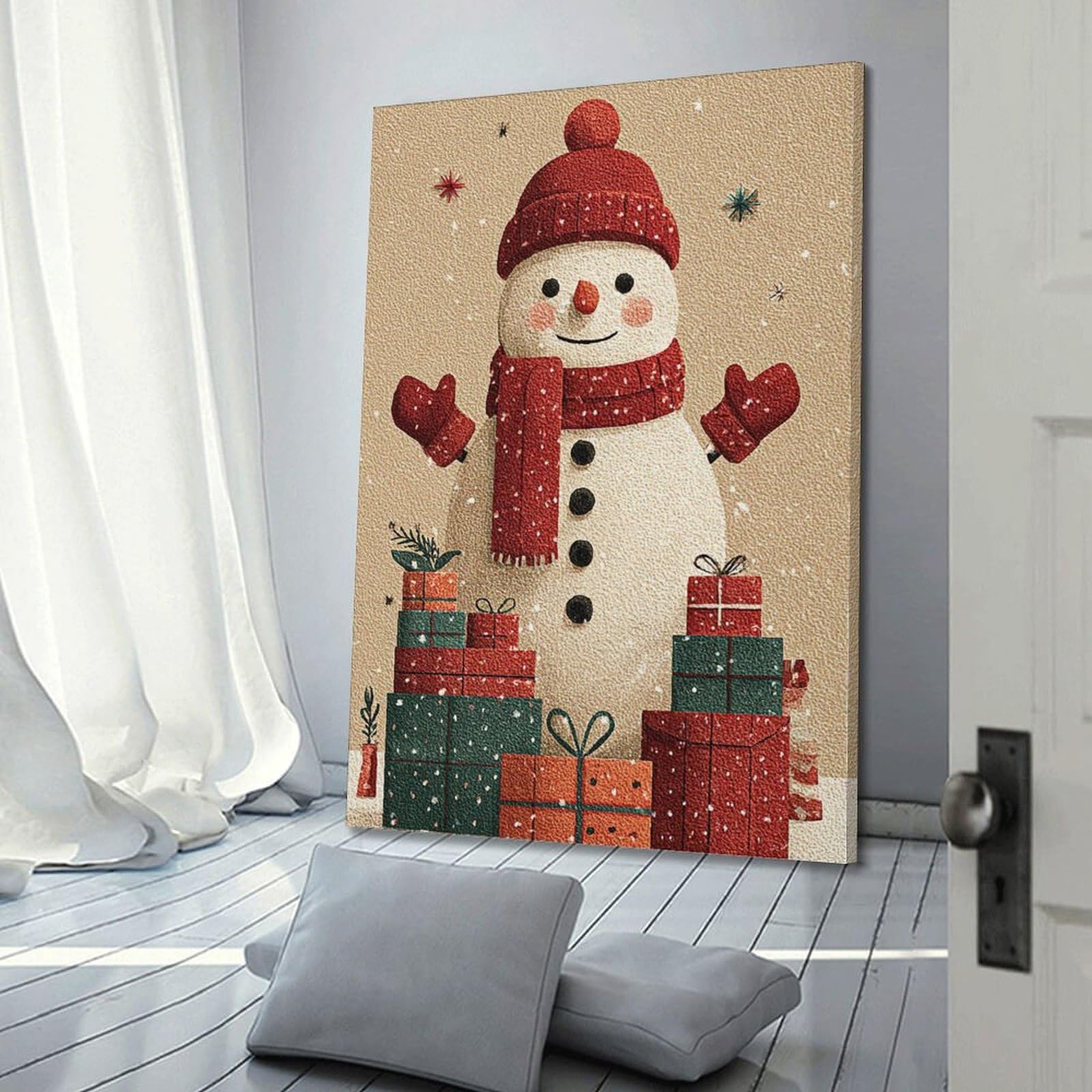 CWLLOG Stampe artistiche da parete su tela, poster natalizio con pupazzo di neve con regali, stile traboccante, giocoso, festival, decorazione moderna per soggiorno e camera da letto, 40 x 60 cm