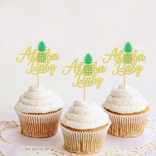 Miniatura 5 de Ercadio Aloha - Paquete de 24 adornos para cupcakes de piña con purpurina Hawaii Aloha Baby Cupcake Picks Hawaiian Luau Tropical Summer Aloha