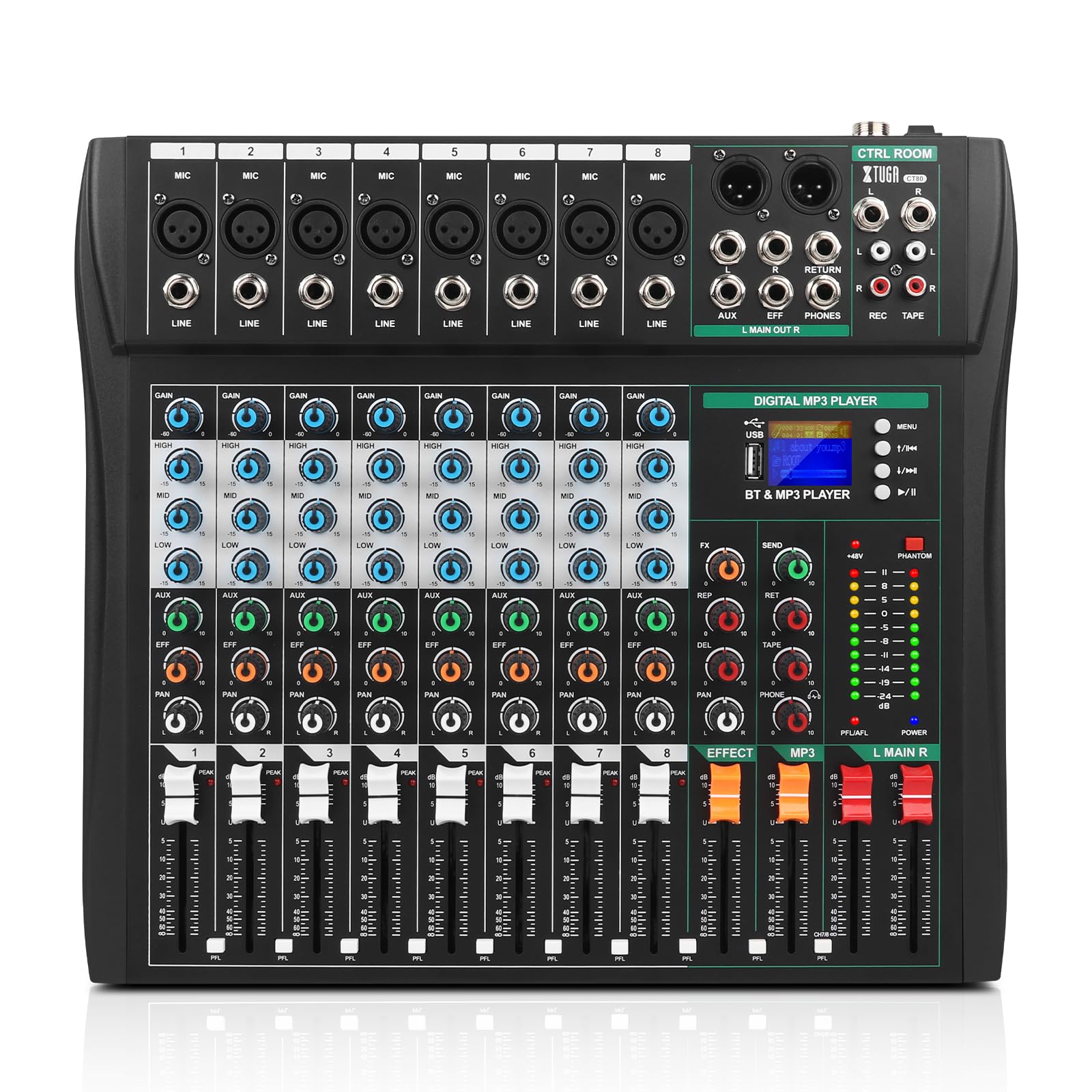 XTUGA CT80,Mezclador de audio profesional de 8 canales para grabación de computadora, interfaz de controlador de sonido, Bluetooth, ecualizador
