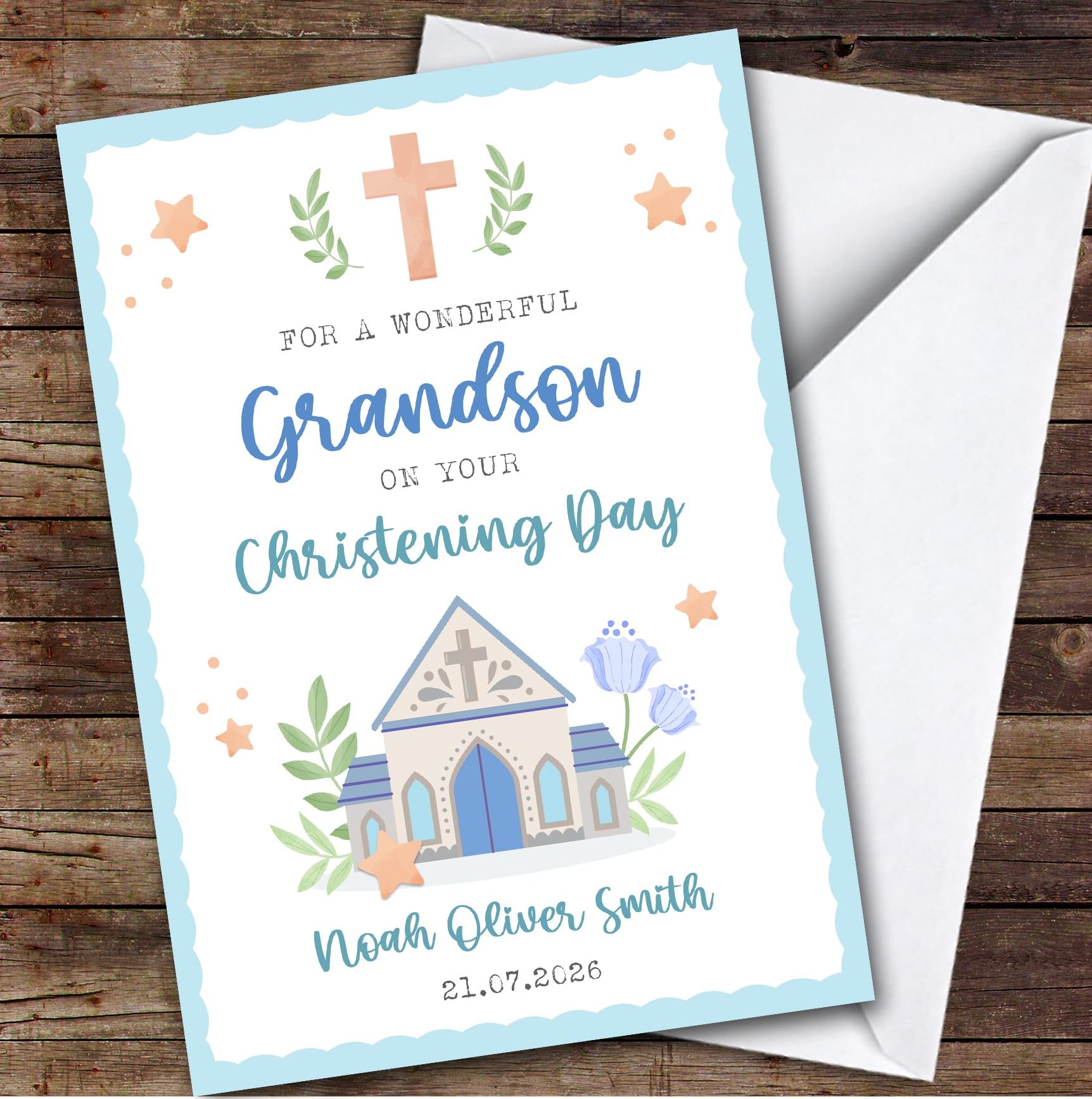 Personalised Christening Day Card For Grandson Church Blue | Custom Greetings Card For Christening Day Any Text Inside & Out