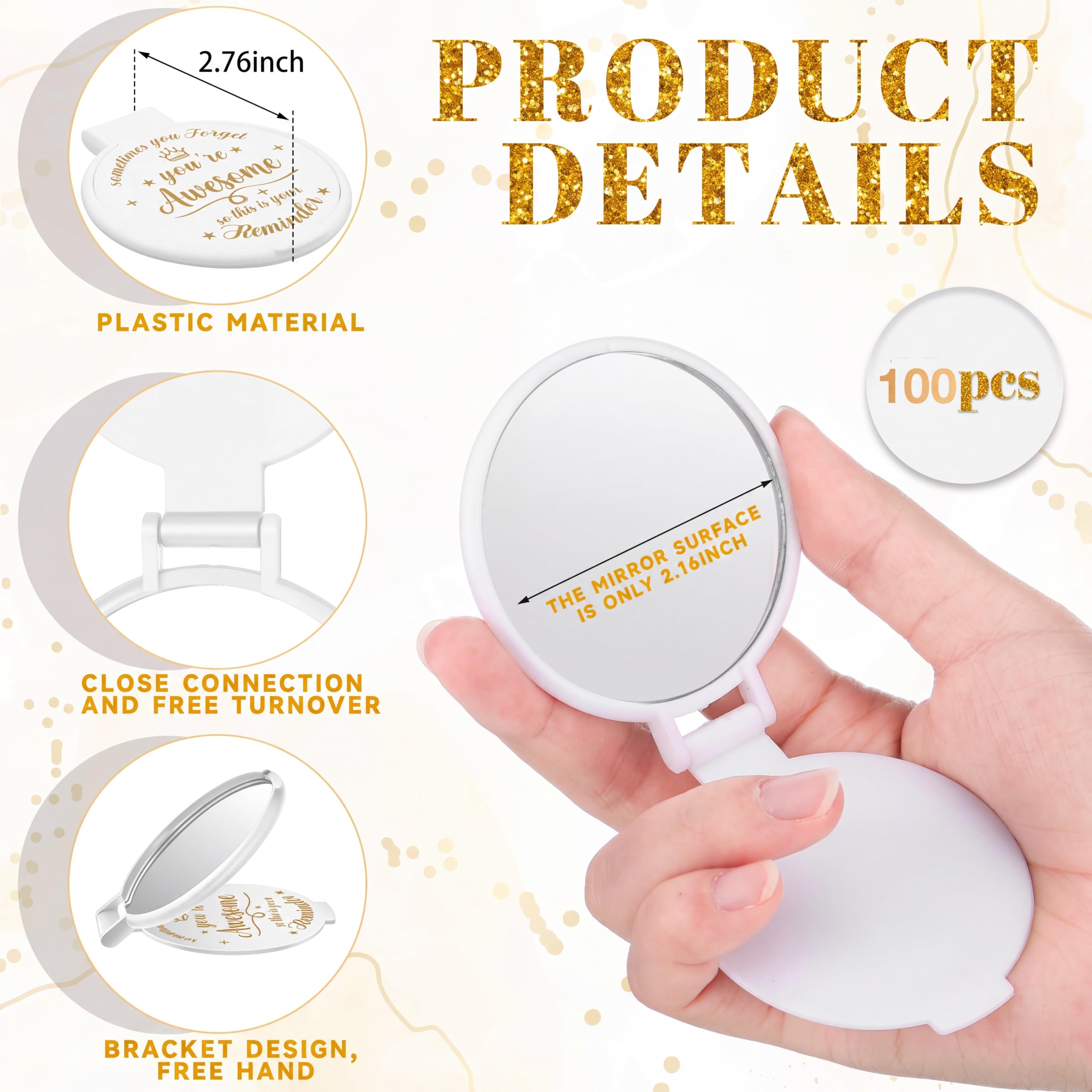 100 Stück 7,9 cm inspirierender Taschenspiegel Mini-Kompaktspiegel, tragbar, zusammenklappbar, Make-up-Spiegel für Erwachsene, Frauen, Partygeschenke, tägliche kleine Geschenke für Reisen