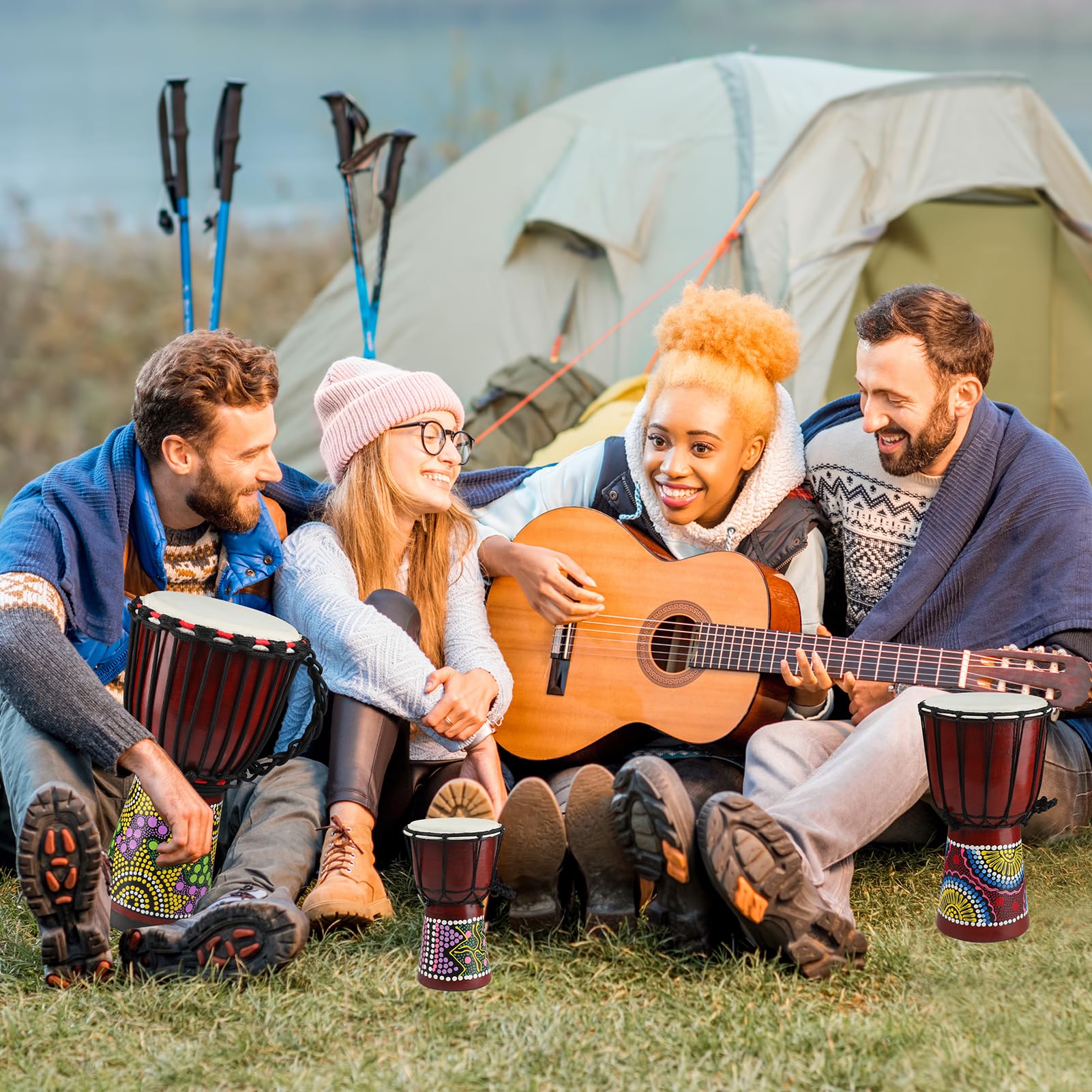 Wood Djembe Drum, 4.5'' x 8''Carved Mahogany African Drums with Goatskin Drumhead, West African Styled Professional Djembe Hand Drum for Kids and Adults Beginners
