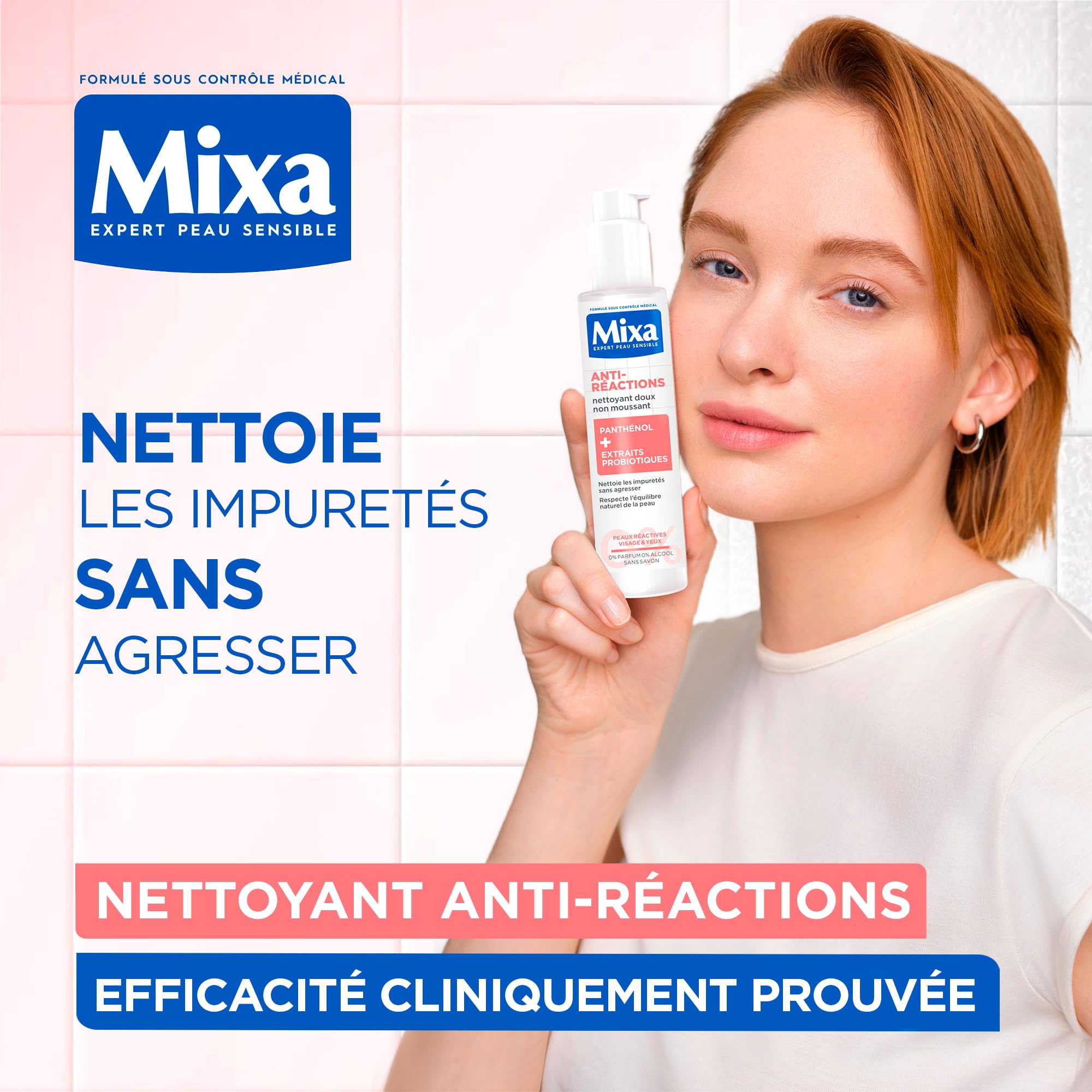 MIXA - Nettoyant Visage Anti-Réactions - Elimine les Impuretés Sans Agresser - Non Moussant, Sans Parfum, Sans Savon - Panthénol + Extraits Probiotiques - Tous Types de Peaux Réactives - 150 ml