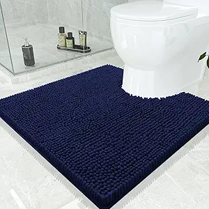 Smiry Luxury Chenille Toilet Rugs U-Shaped 24x24, Soft Absorbent Non-Slip Contour Bathroom Rugs for Toilet, Machine Washable Contoured Bath Mats, Navy Blue