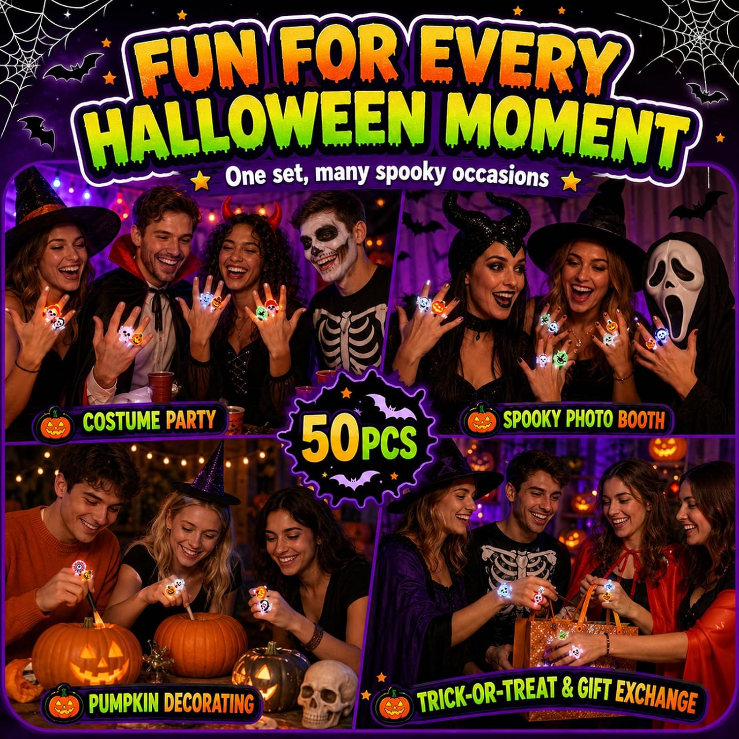 Halloween LED Rings Set, Light Up Rings 50 Pcs, Halloween Party Favors