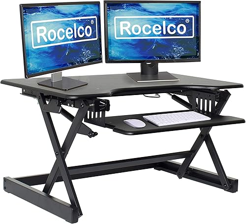 Miniatura 47 de Rocelco - Convertidor de escritorio para trabajar de pie con altura ajustable de 46 pulgadas con cargador USB y CA y soporte para monitor dual -