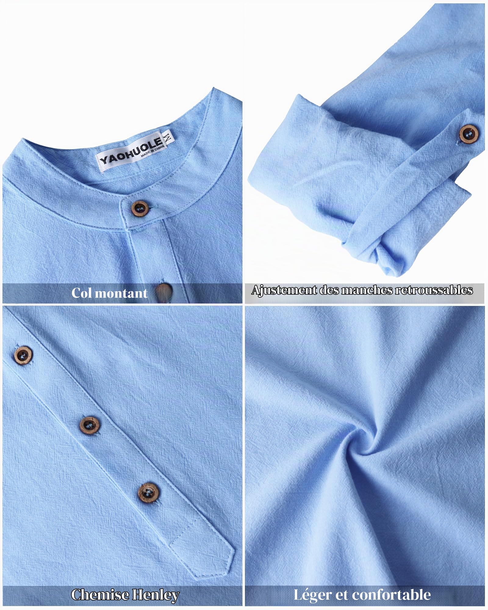 YAOHUOLE Chemise Lin Homme Manches Longues Été Mao Décontractée Henley Shirts Chemise Homme Decontracte