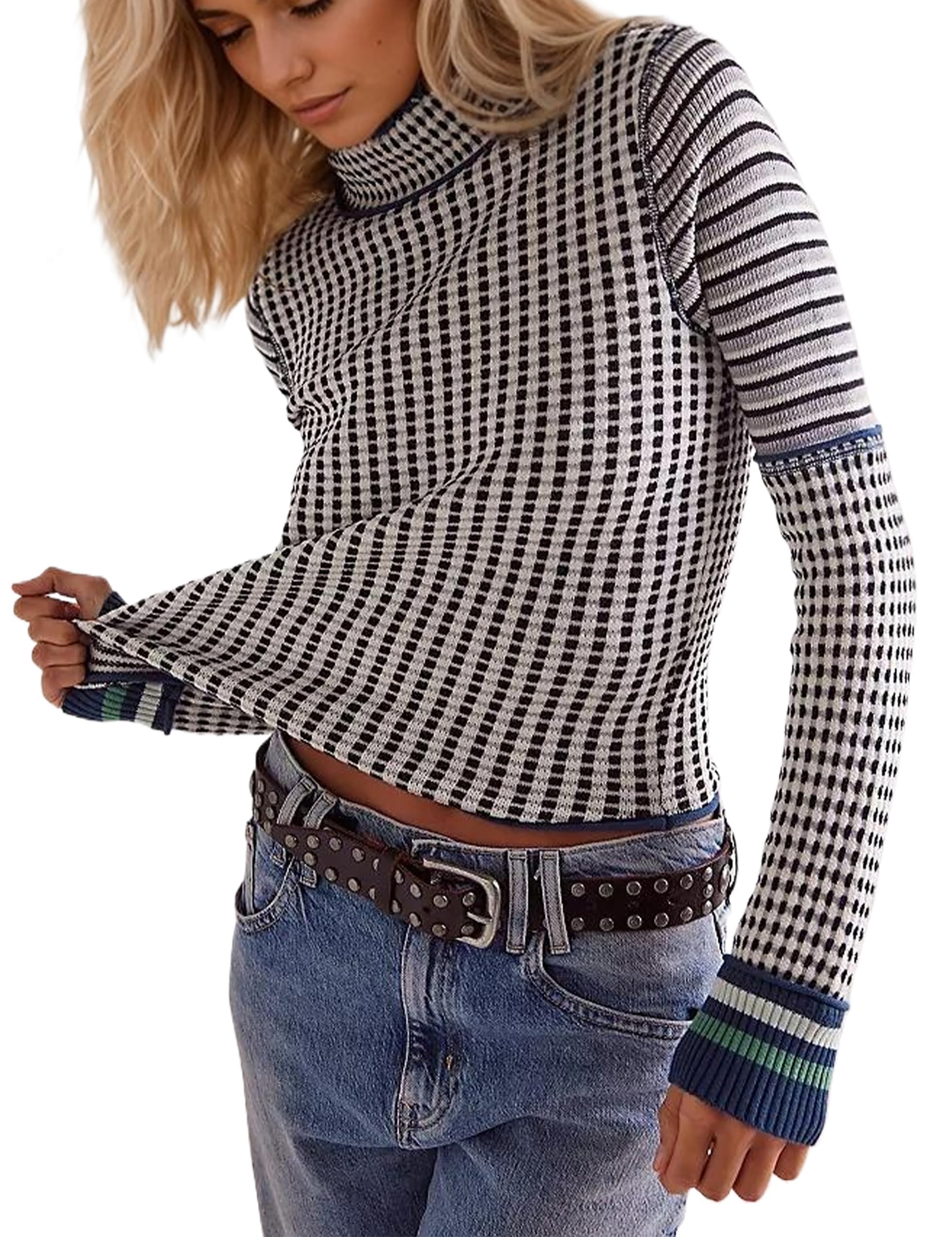 Casual Mock Neck Striped Cropped Sweater for Women Slim Fit Long Sleeve Plaid Pullover Sweater Color Block Knit