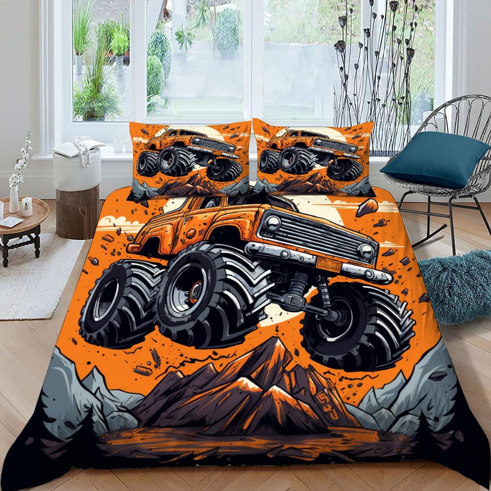 Parure de lit adulte Monster Truck housse de couette imprimée 220x240cm et 2 taies d'oreiller