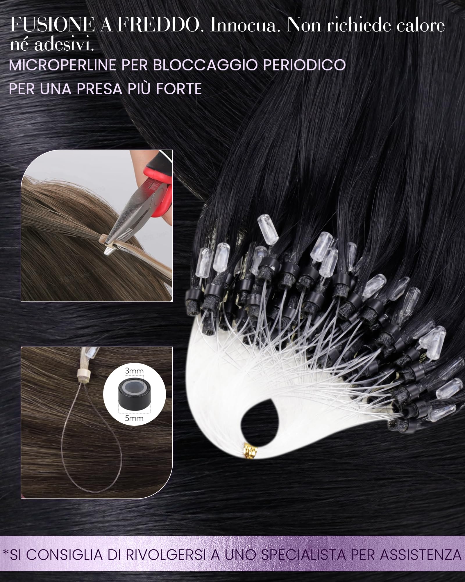 LaaVoo Extension Capelli Veri Microring, Nero Jet, 35cm 50g 50 ciocche, Capelli Remy Lisci, Leggeri e Invisibili, per Uso Quotidiano, Colore 1