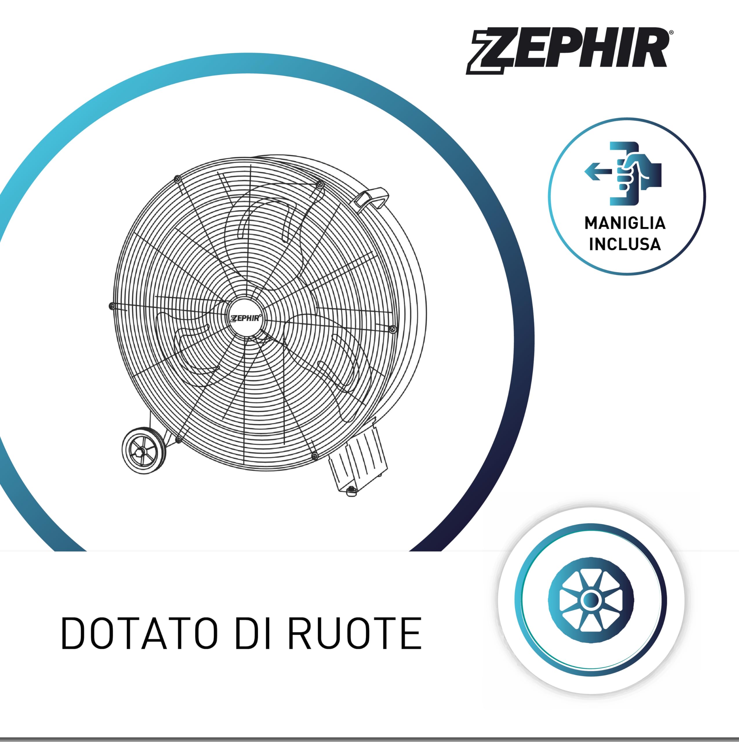 ZDM60CM Ventilatore Industriale da Terra Zephir Professionale con Ruote Struttura Interamente in Metallo Superpotente Pala 60 cm Gabbia 3 velocità selezionabili Motore da 180W, Nero