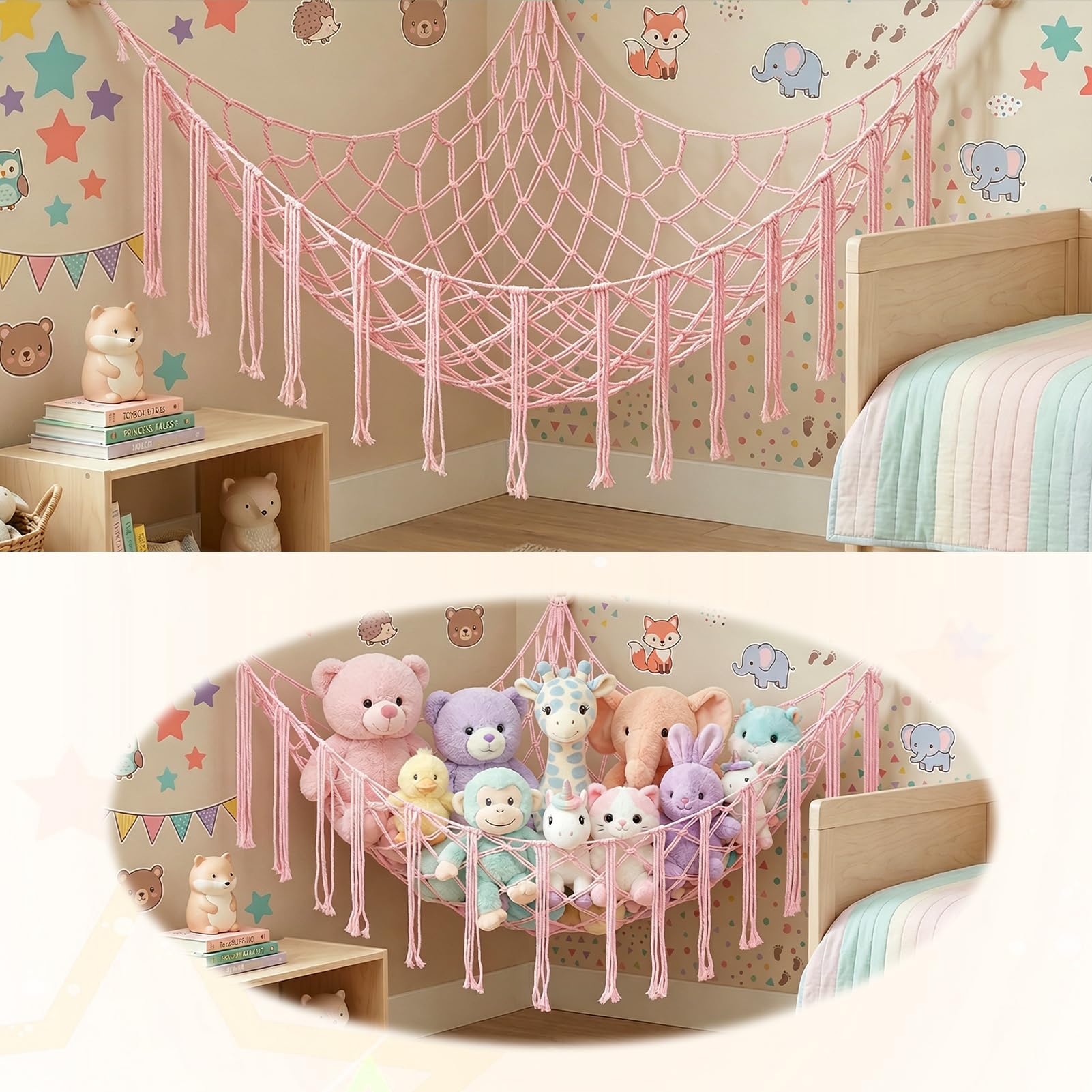 Toy Hammock For Stuffed Animals, Teddy Hammock Toy Storage Net, Macrame Teddy Bear Storage, Hanging Boho Plush Teddy Net For Baby Kids Bedroom Accessories Nursery Preppy Room Decor (Pink)