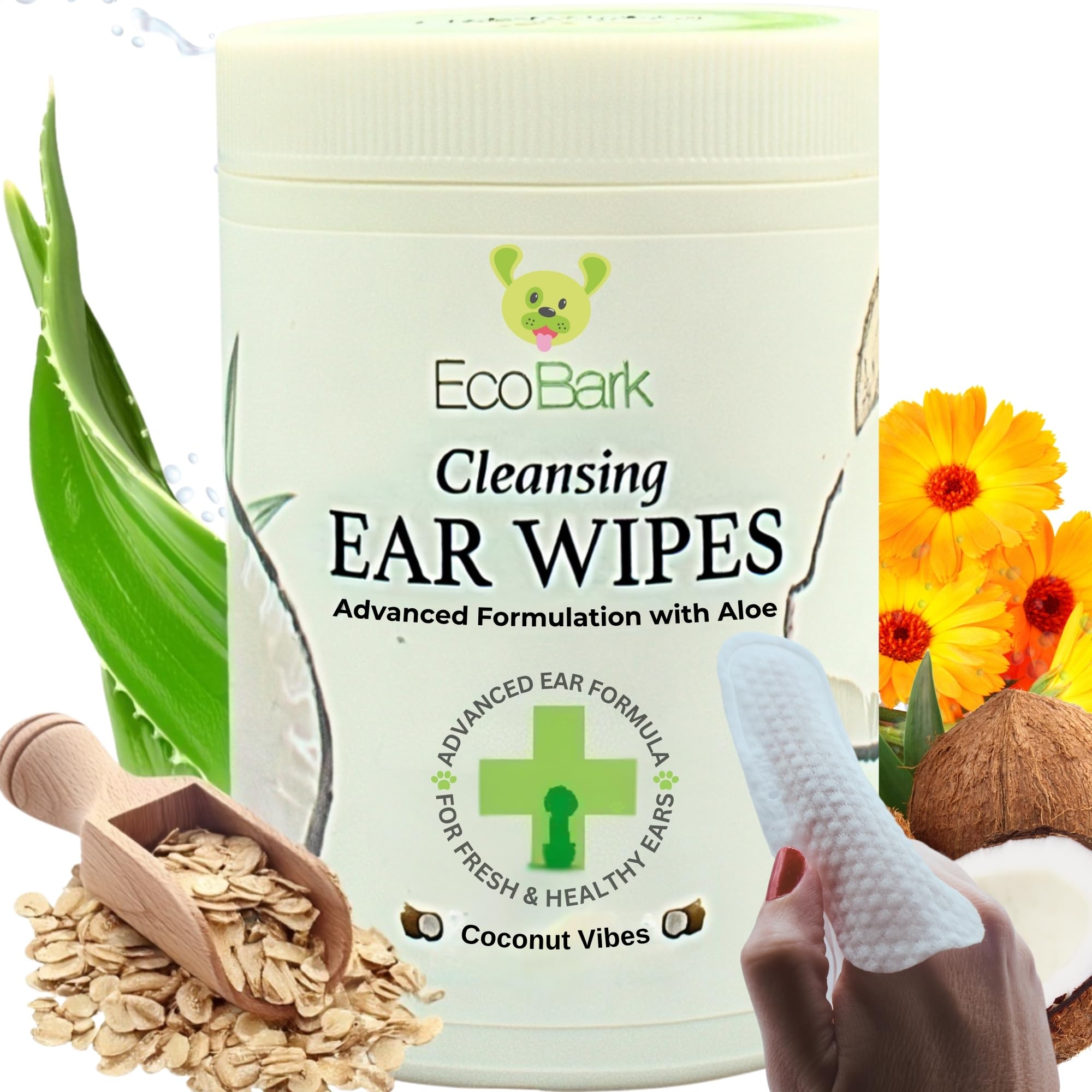 EcoBark Premium Dog Ear Cleaner Finger Wipes- Advanced Ear Finger Wipes for Dogs with Aloe Vera & Chamomile - Gentle Otic -Coconut Scent - Soothe Dog Ear Itching - Cleanse Away Dirt and Debris
