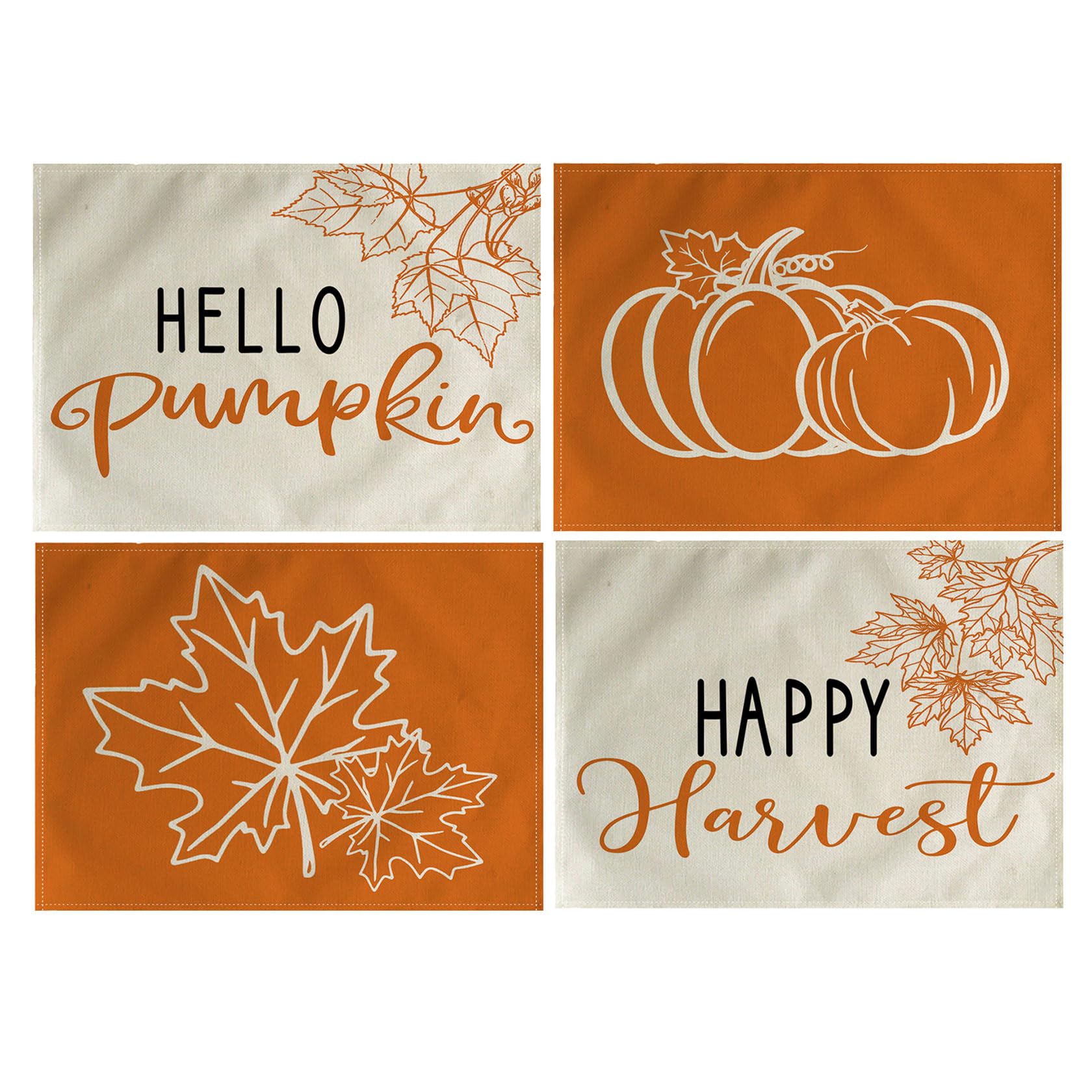 Fall Leaves Placemats Happy Harvest Pumpkin Autumn Seasonal Farmhouse Decor Table Mats Waterproof Heat Resistant Washable Non-Slip Place Mats for