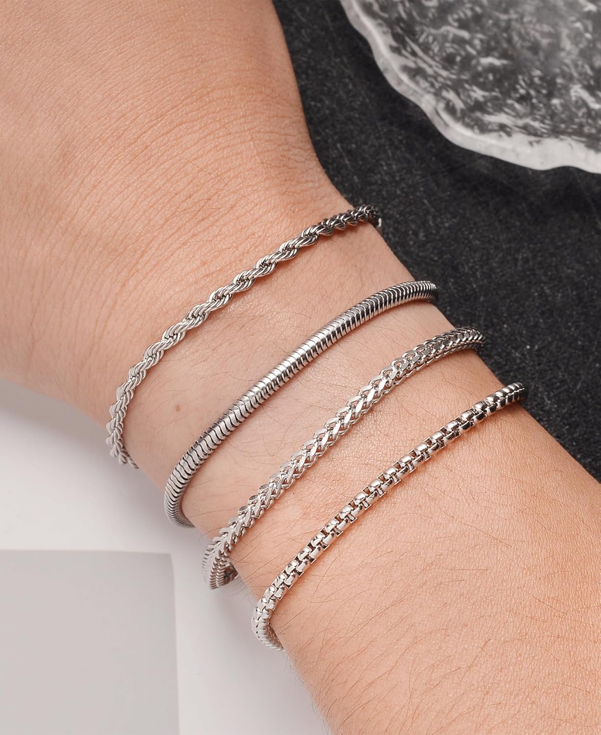 Tornito 8Pcs Chain Bracelet Stainless Steel Curb Width Rope Figaro Cuban Link Paperclip Twist Chain Bracelets Set for Men Women 7.5/8.3/9.0 Inches - Image 3