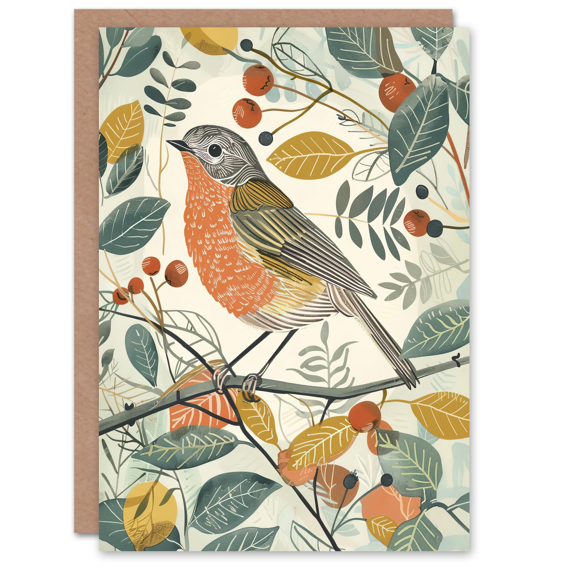 Artery8 Greeting Card Robin Bird Garden Shrub Leaves Bright Painting Blank For All Him Or Her Art Birthday Card