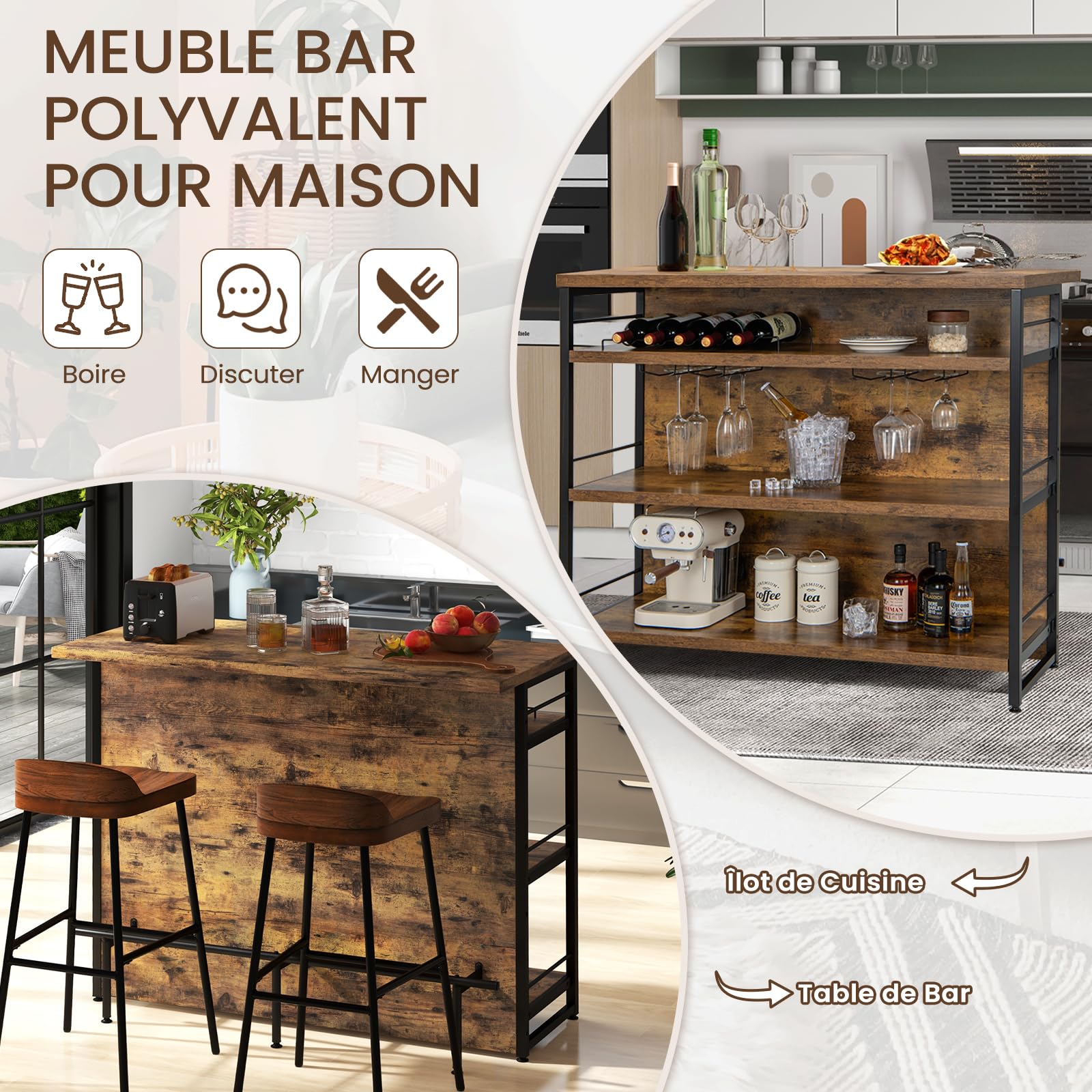 GIANTEX Ilot Central Cuisine avec Plan de Travail, Table de Bar à 4 Niveaux avec Porte-Bouteilles, Porte-gobelets, Casier à Vin et Supports pour Verres à Pied, 60 x 120 x 101 CM (Marron)
