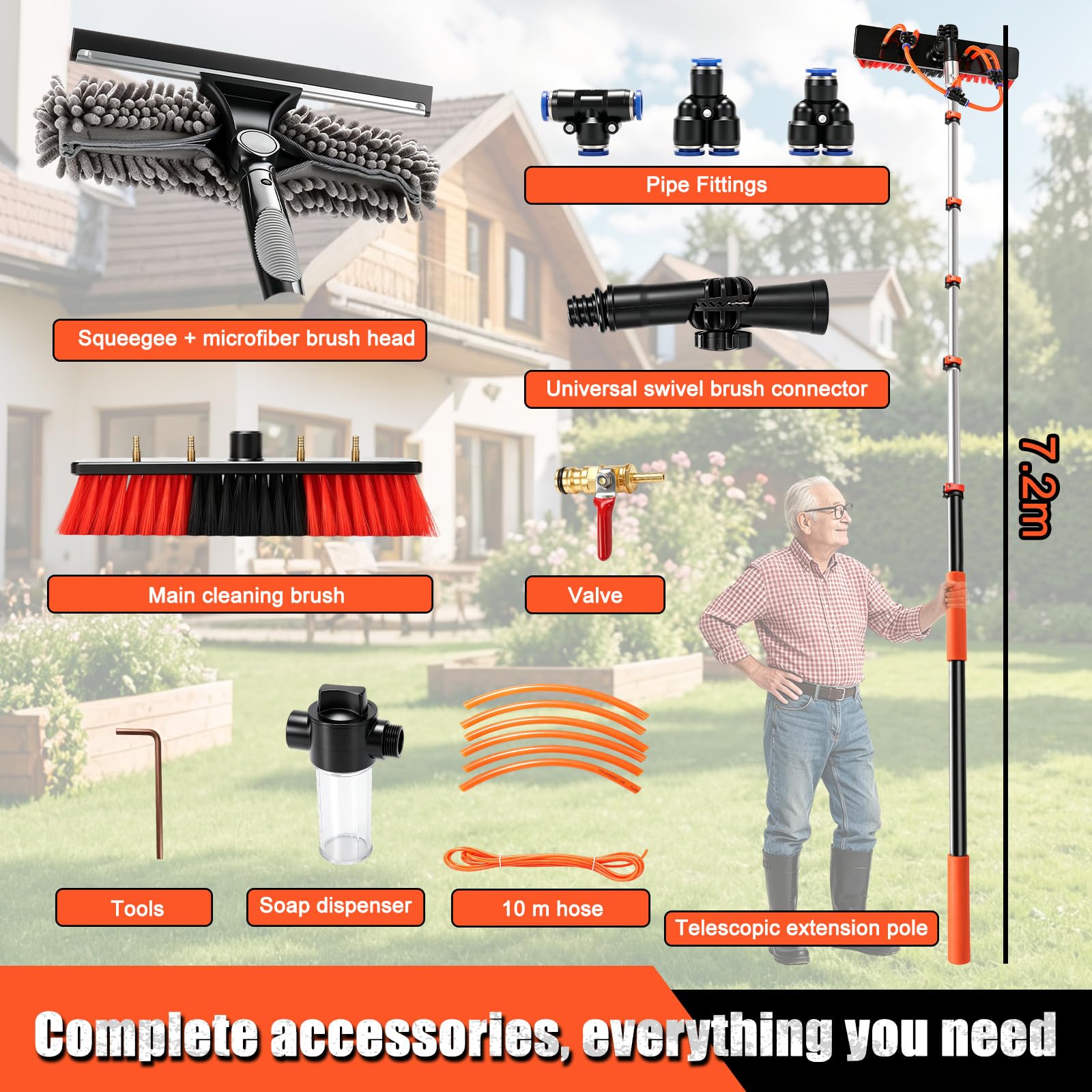Kit Pulizia Pannelli Fotovoltaici 7,2 m 3 in 1 Spazzola Lavaggio Telescopica con Attacco Acqua, Asta Telescopica con Spazzola per Finestre, Tettoie, Camper, Pannelli Solari