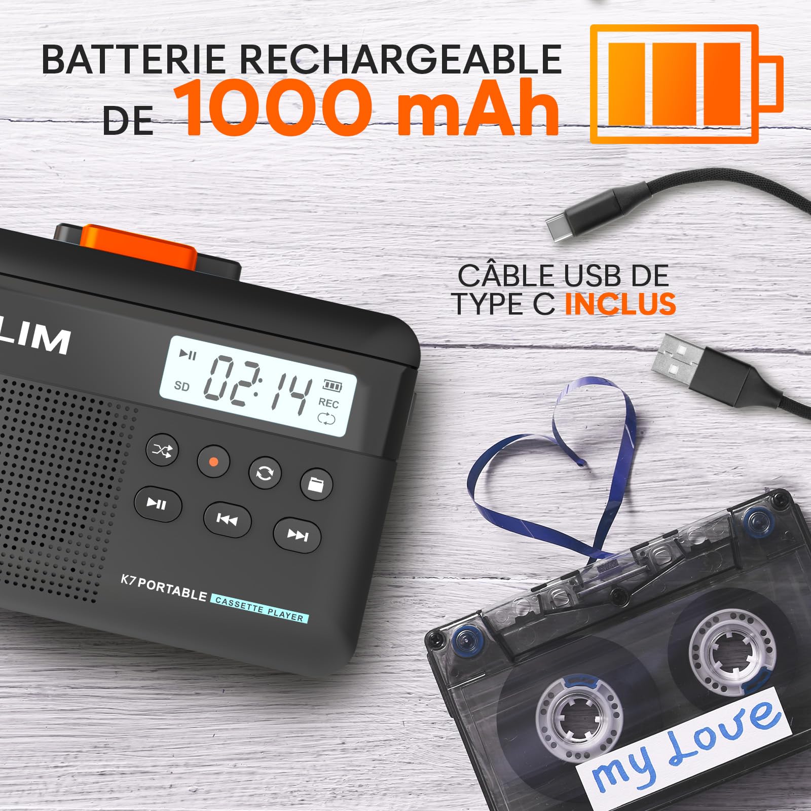 Cassette Player KLIM K7 - Lecteur Cassette Audio - Convertisseur Audio en MP3 - Microphone et Haut-Parleur intégrés - Batterie Rechargeable - Ecouteurs - Carte SD 16GB - Noir-Orange