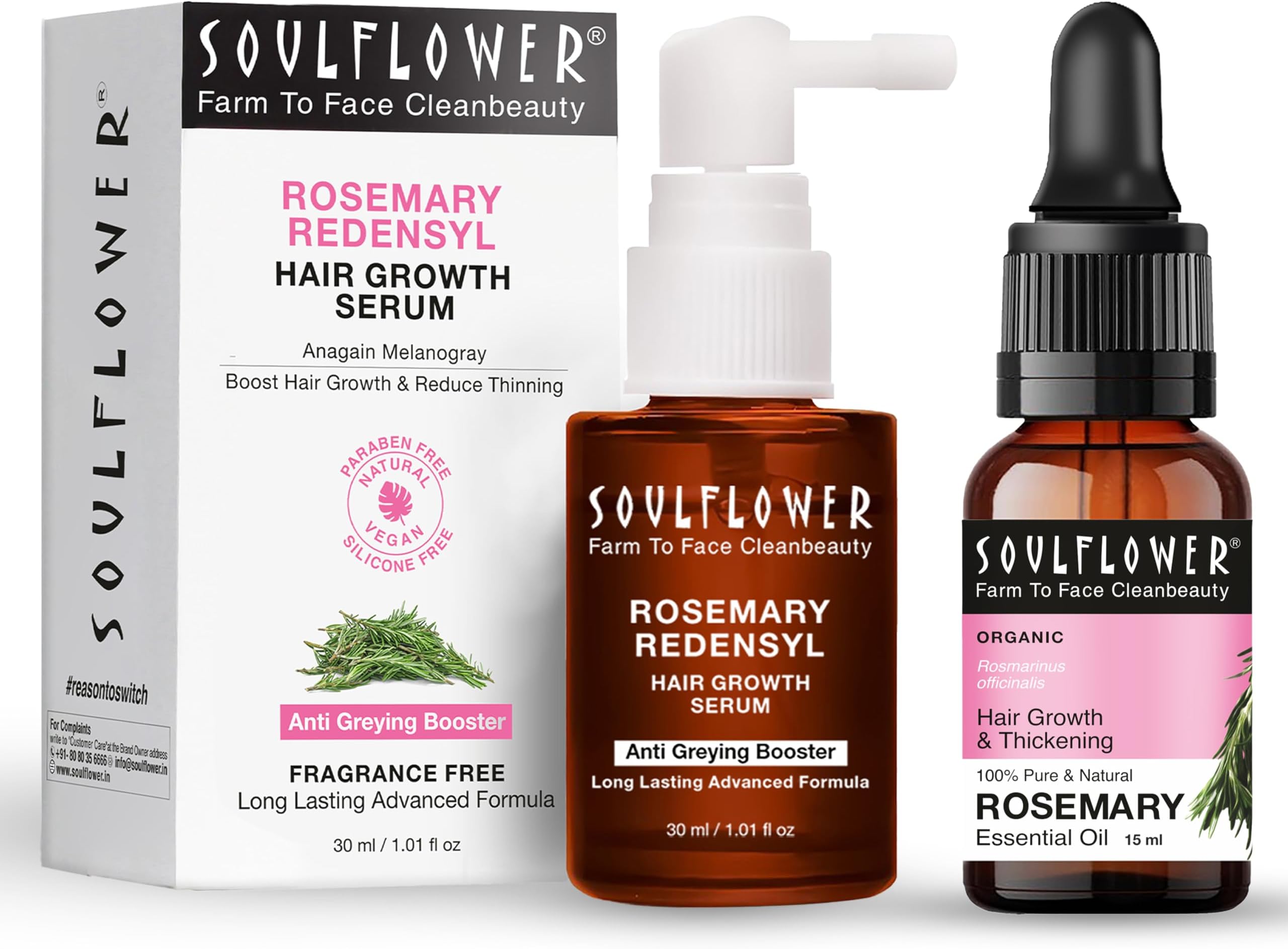 Rosemary Essential Oil 15ml & Rosemary Redensyl Hair Growth Serum 30ml with 4% Anagain, 1% Melanogray, Caffeine, Biotin for Hair Growth, Hairfall Control & Healthy Scalp | Pack of 2
