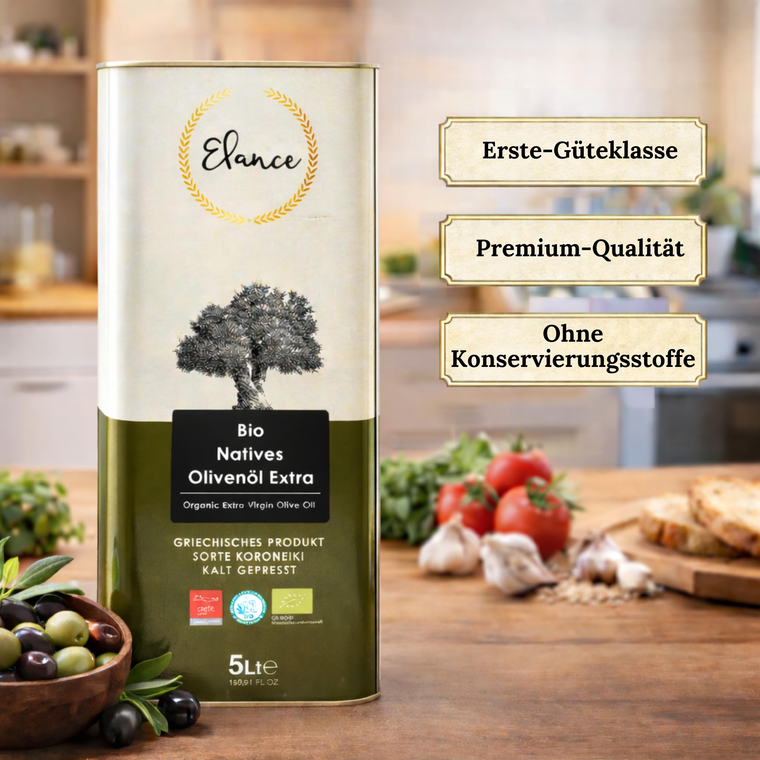 Elance Bio Olivenöl 5L – Natives Olivenöl Extra Vergine – Kaltgepresst, Griechisches Olivenöl – Extra Vergine Premium Qualität – Ideal zum Braten & Kochen