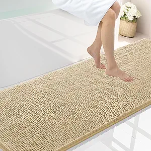 Smiry Luxury Chenille Bathroom Rugs 70x24, Extra Soft and Absorbent Shaggy Bath Mat, Machine Washable, Non-Slip Plush Carpet Runner for Tub, Shower, and Floor, Home Decor Accessories, Beige