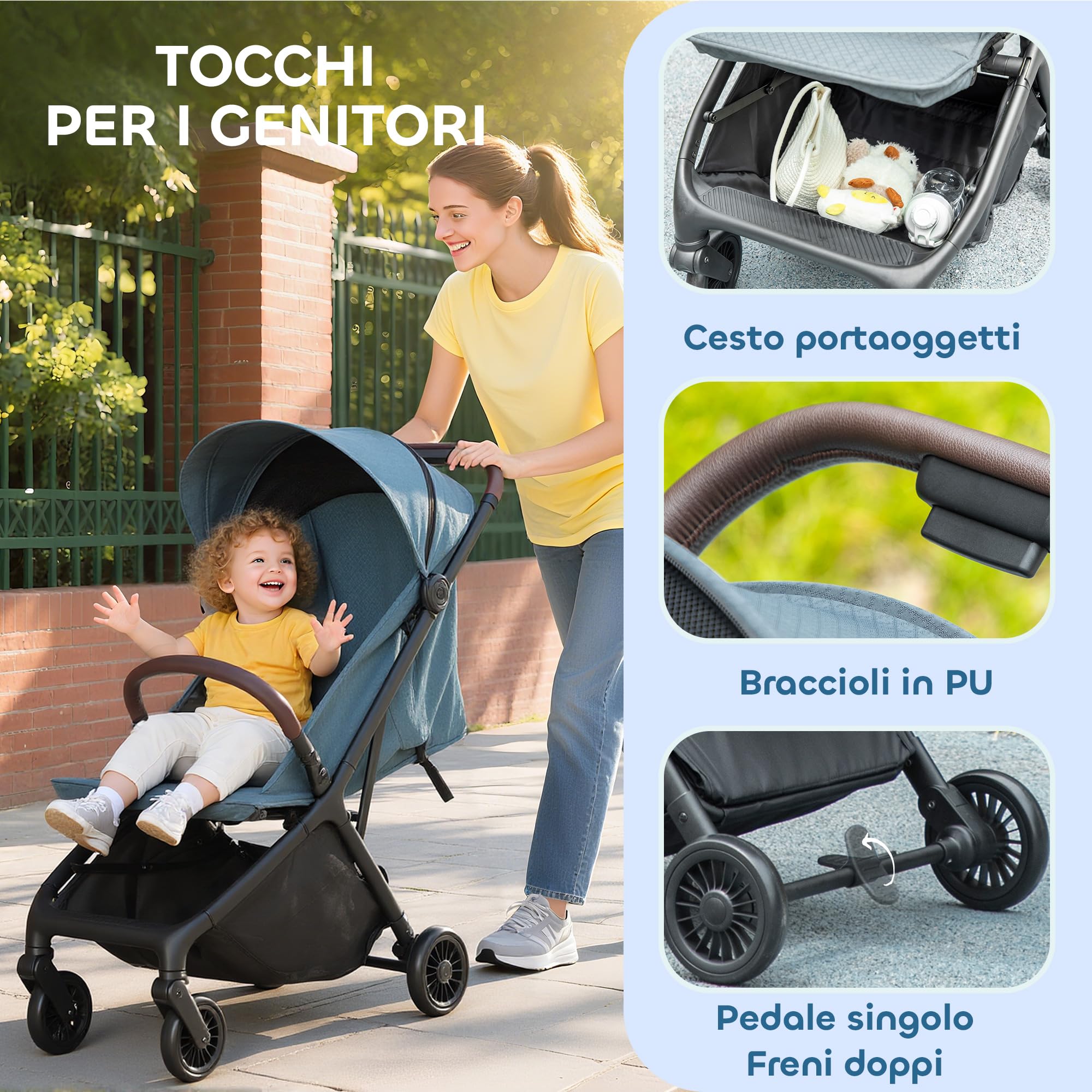 AIYAPLAY Passeggino Leggero 6.3kg per Bambini 0-3 Anni Pieghevole una Mano, Passeggino Compatto Reclinabile con Poggiapiedi Regolabile e Cappottina, Ruote e Cesto Portaoggetti, Fino a 15 kg, Blu