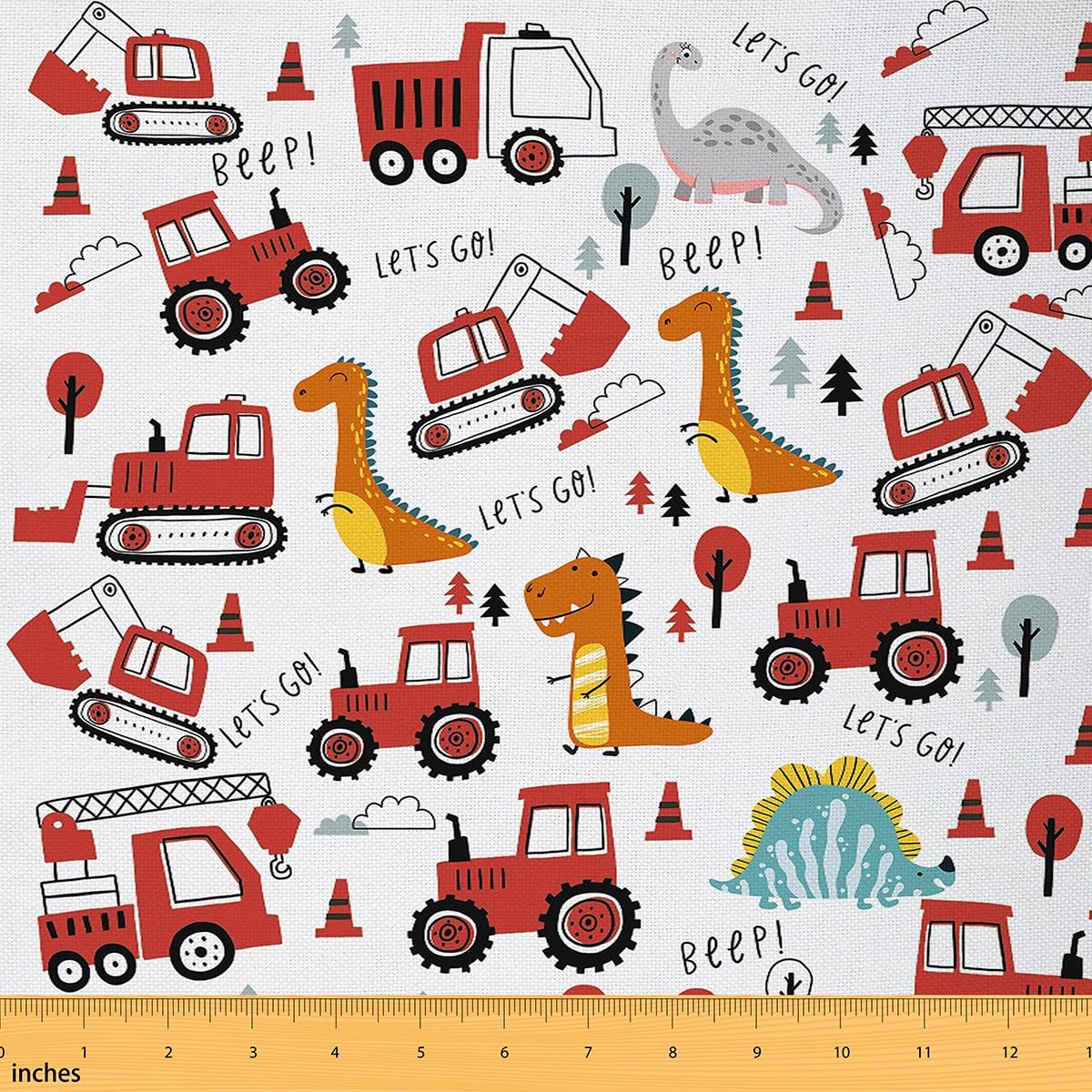 Kids Construction Fabric by The Yard Dinosaur Construction Vehicles Fabric for Chairs Jungle Dino Truck Waterproof Outdoor Fabric Equipment Trucks Red Outdoor Fabric 3 Yards (L276*W150cm)