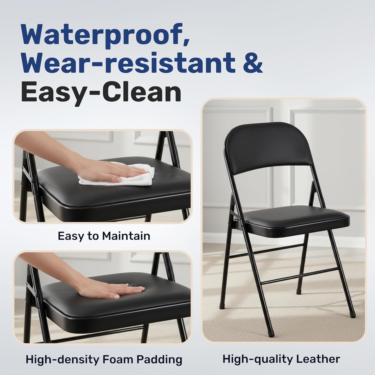 HealSmart 4 Pcs Folding Chairs with Leather Padded Cushion Seats, Back & Sturdy Metal Frame, Stackable, Portable, Commercial Event Seat, Indoor Outdoor for Parties, Home Event, Office, Black