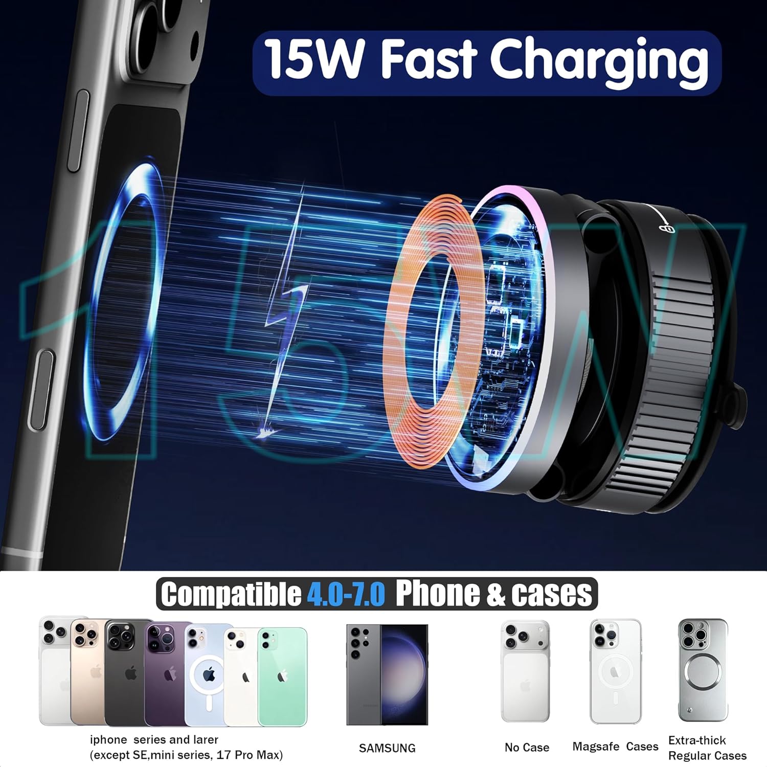 Magnetic Phone Holder for Car Wireless Charging, 15W Fast Wireless Car Charger with Vacuum Suction, 360° Adjustable Magnetic Mount for Dashboard & Windshield, Hands-Free for MagSafe iPhone & Android