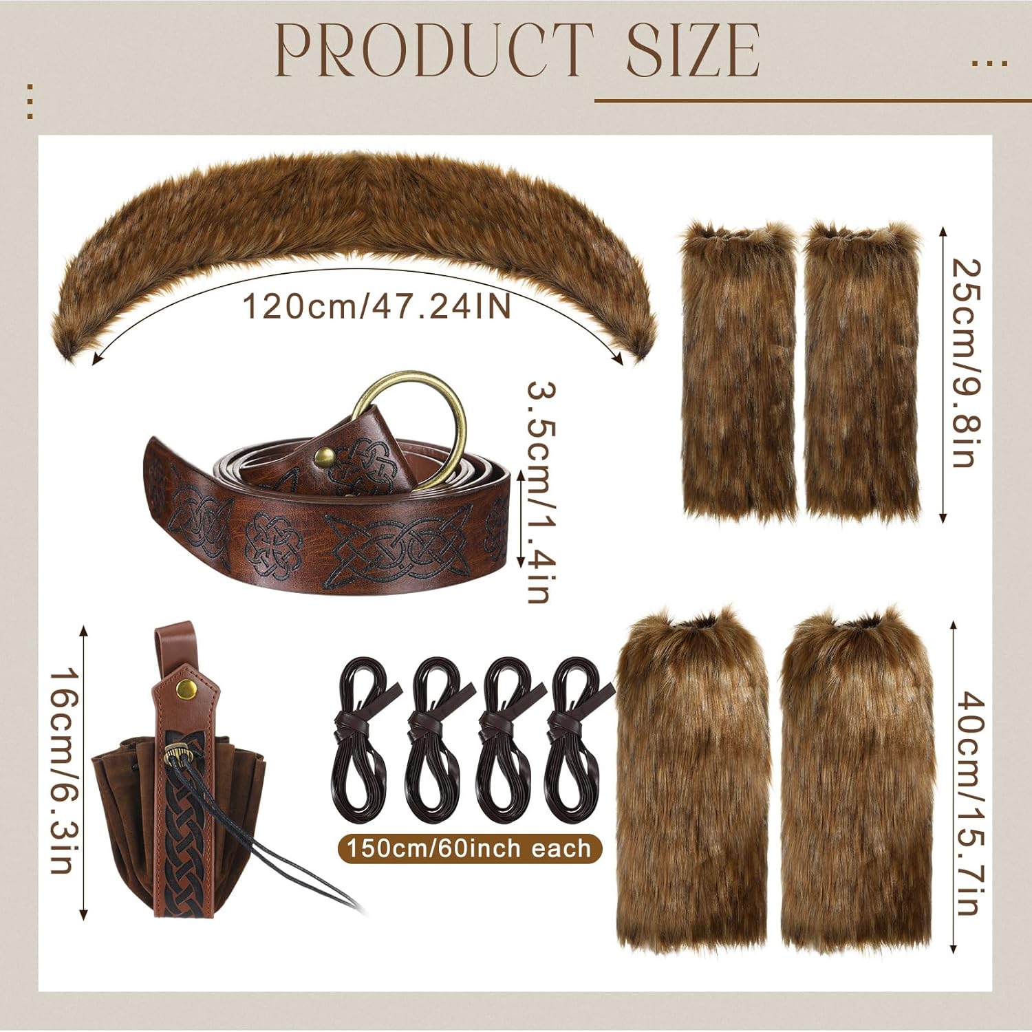 Cuffbow Viking Costume Set - 11 Pcs With Faux Fur Collar, Belt, Leg & Hand Warmers, Medieval Belt Pouch - Accessories for Halloween Party - Image 2