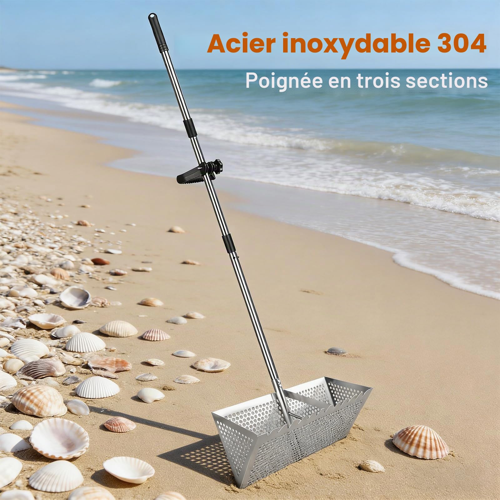 Râteau anti-puces de plage en acier inoxydable 304 et seau – Poignée amovible de 132 cm de long, attrape-crabes de sable, râteau pliable pour dents de requin, collecte des puces et coquillages