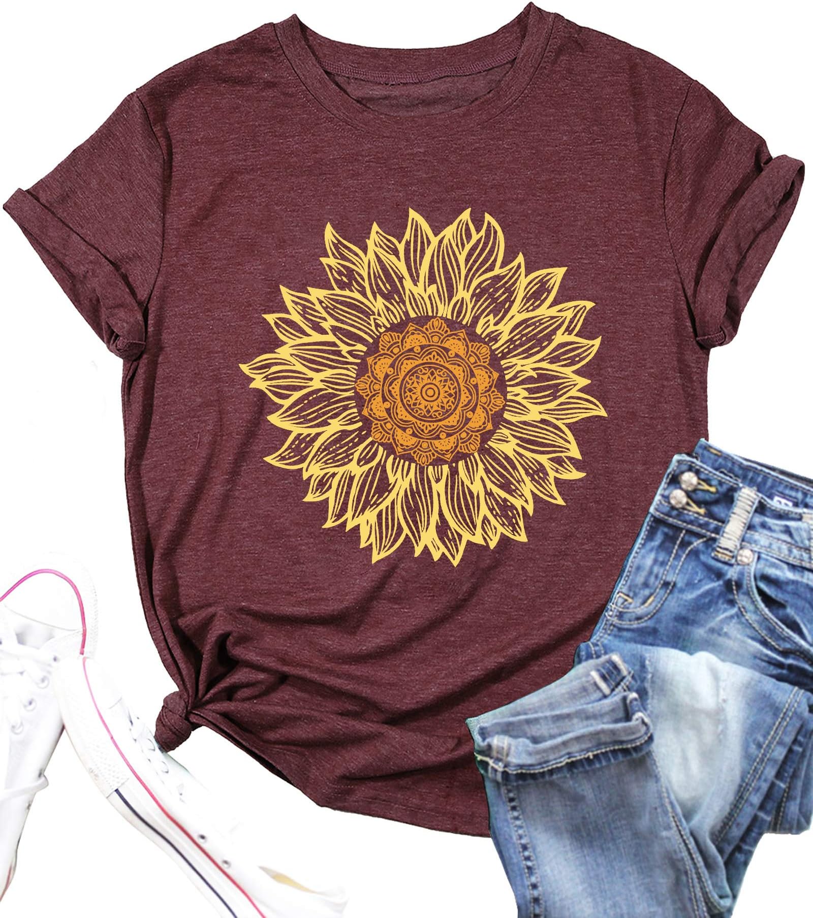 LAZYCHILD Womens Graphic Tees Sunflower Shirts Vintage Flower Graphic Tees Shirts Inspirational Tees Casual Faith Shirt Tops