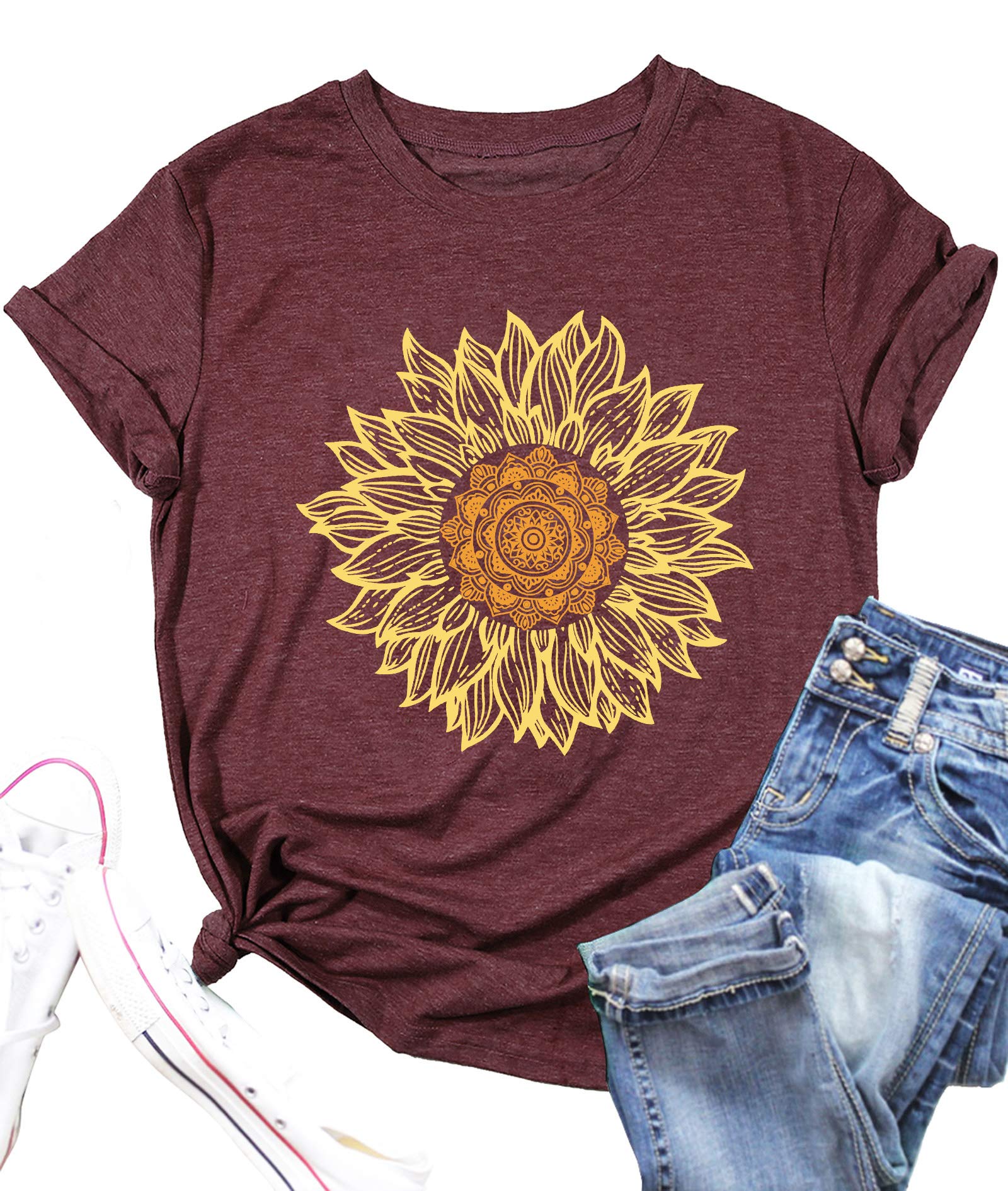LAZYCHILD Womens Graphic Tees Sunflower Shirts Vintage Flower Graphic Tees Shirts Inspirational Tees Casual Faith Shirt Tops