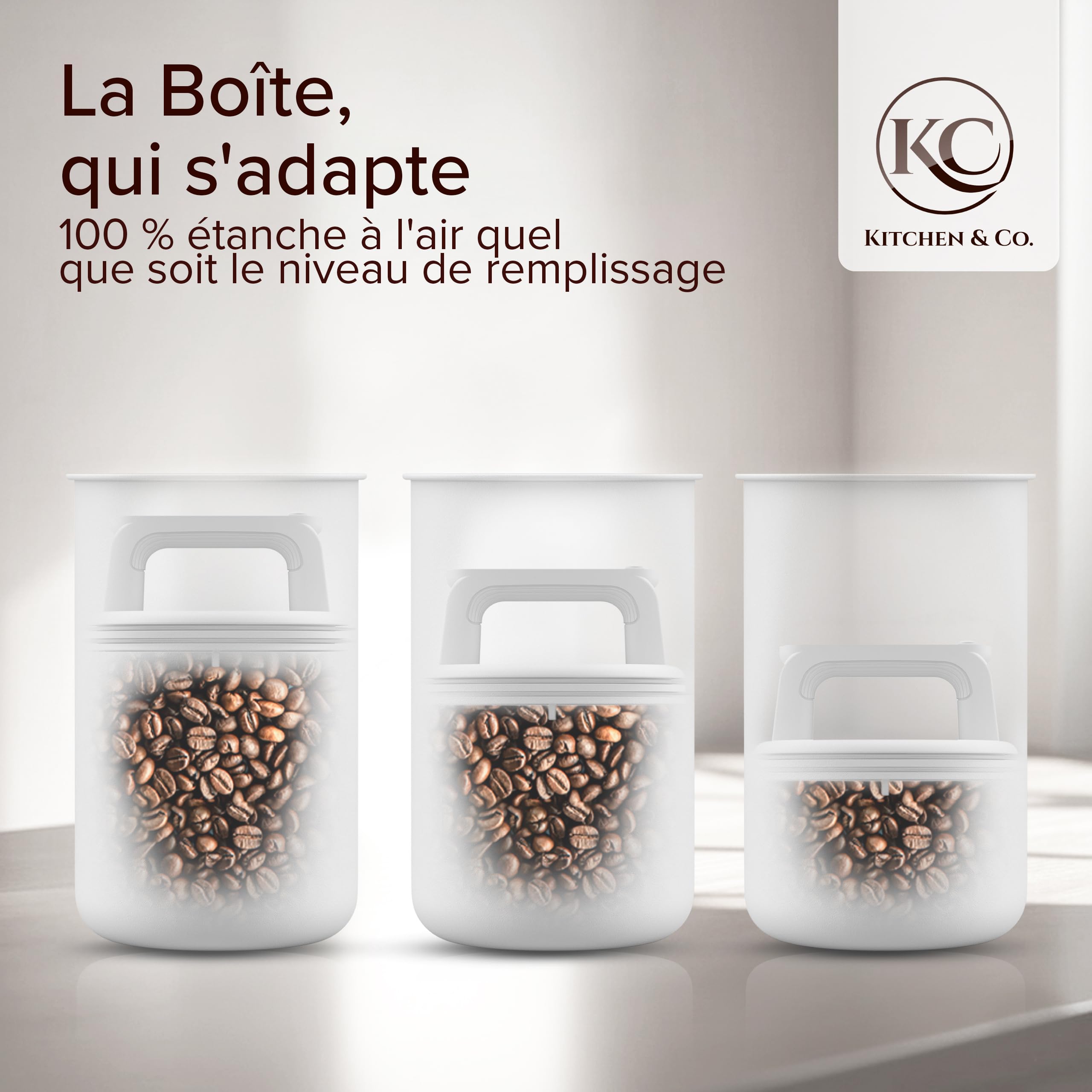 KC Kitchen & Co. Boîte à café hermétique pour 1 kg de grains de café - Boîte de conservation en acier inoxydable avec couvercle sous vide et fermeture aromatique - Boîte de rangement pour café, thé