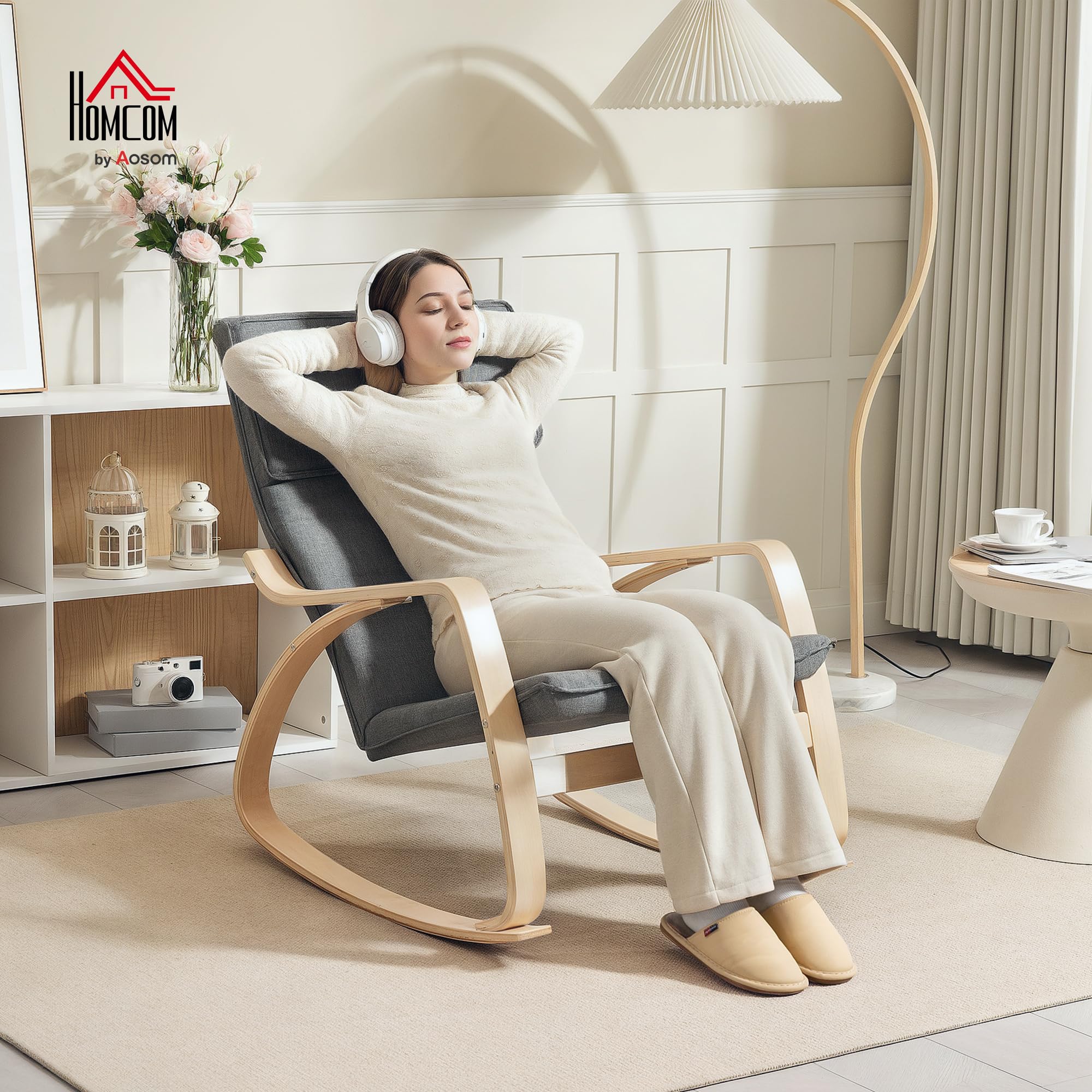 HOMCOM Fauteuil à Bascule Relax, Dossier Haut, Appui-tête, Gris