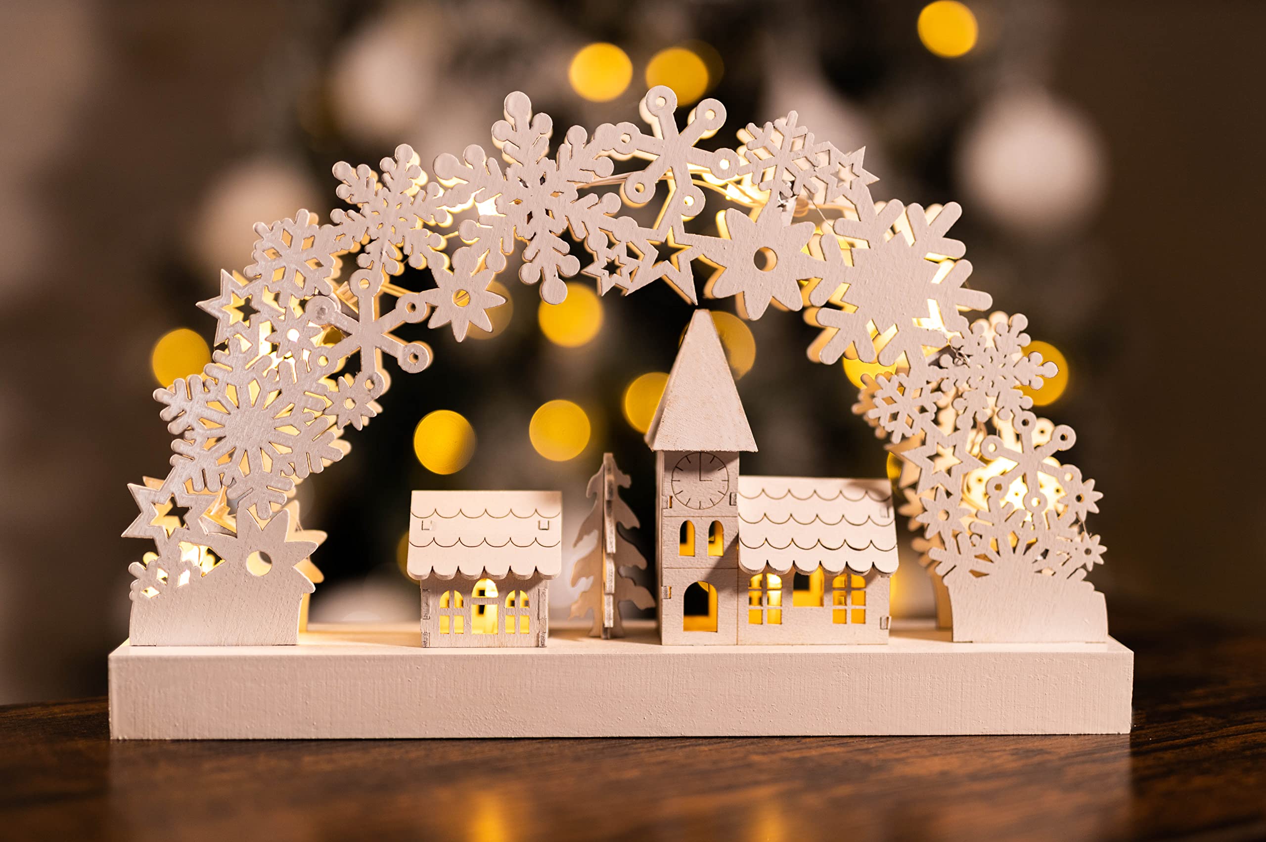 Homezone White Pre-Lit Wooden Church & Village Scene – 32Cm Light-Up Christmas Decoration With 8 Warm Leds & Timer - Battery-Operated Wooden Village Ornament For Table, Mantelpiece & Festive Décor