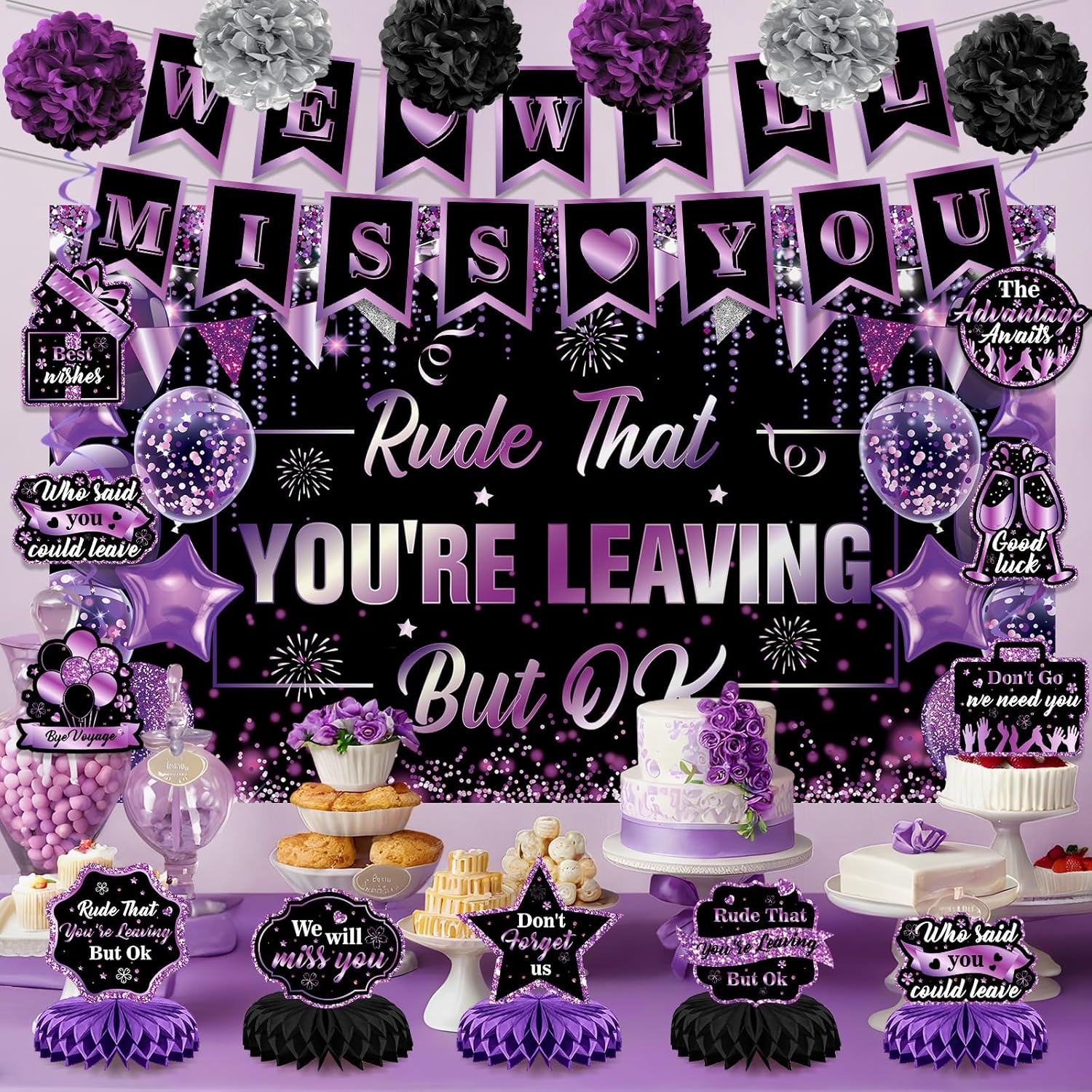 Purple Black Farewell Party Decorations We Will Miss You Rude That You're Leaving But Ok Banner Honeycomb Centerpiece Hanging Swirls for Coworker Employee Leaving Goodbye Going Away Party Supplies