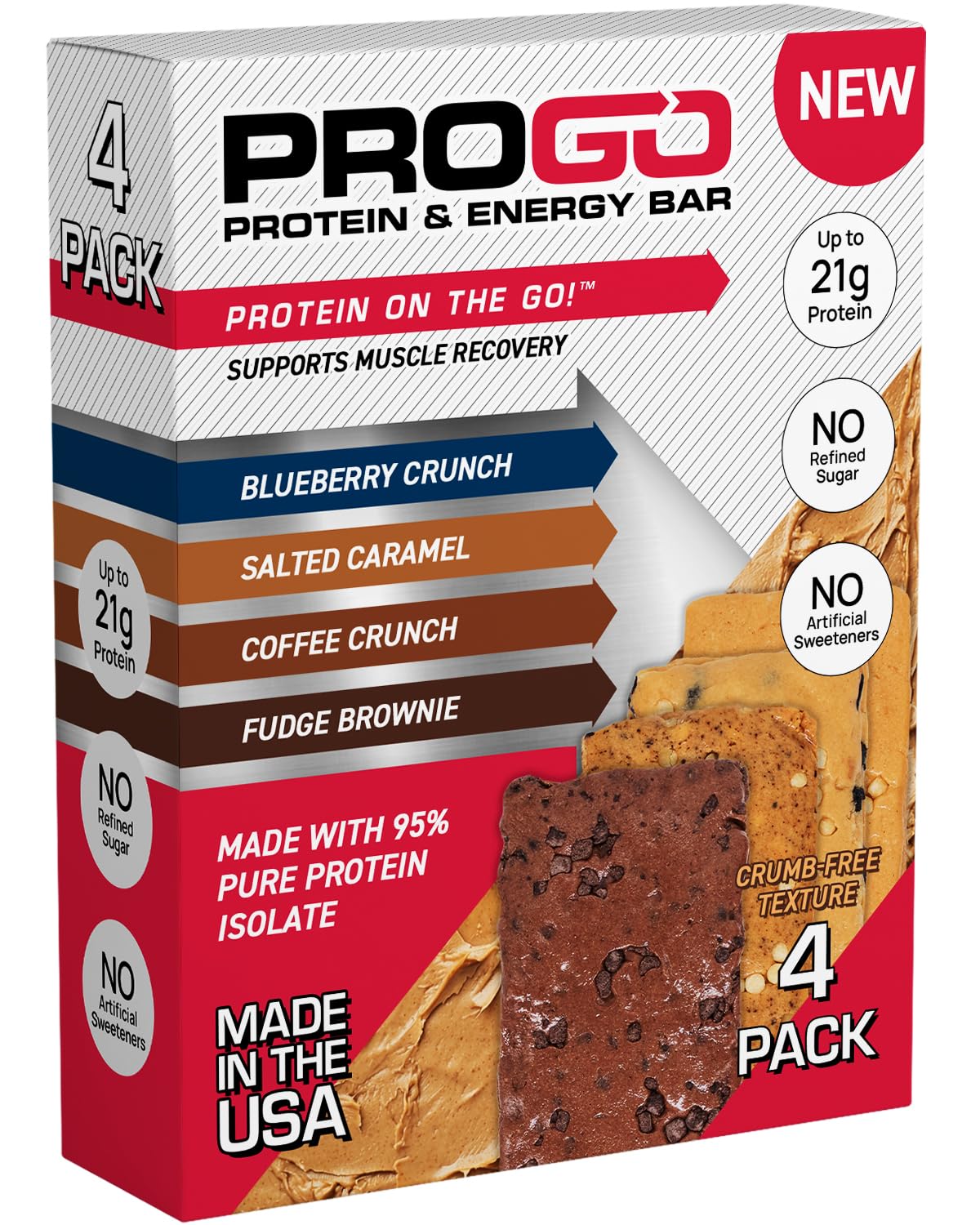 ProGo Protein Bars, Energy Bars - Up to 21g Clean Protein, Made with 95% Pure Isolate, Tallow, Collagen, Real Ingredients - Low Calorie, No Artificial Sweeteners (4-Count, Starter Pack)