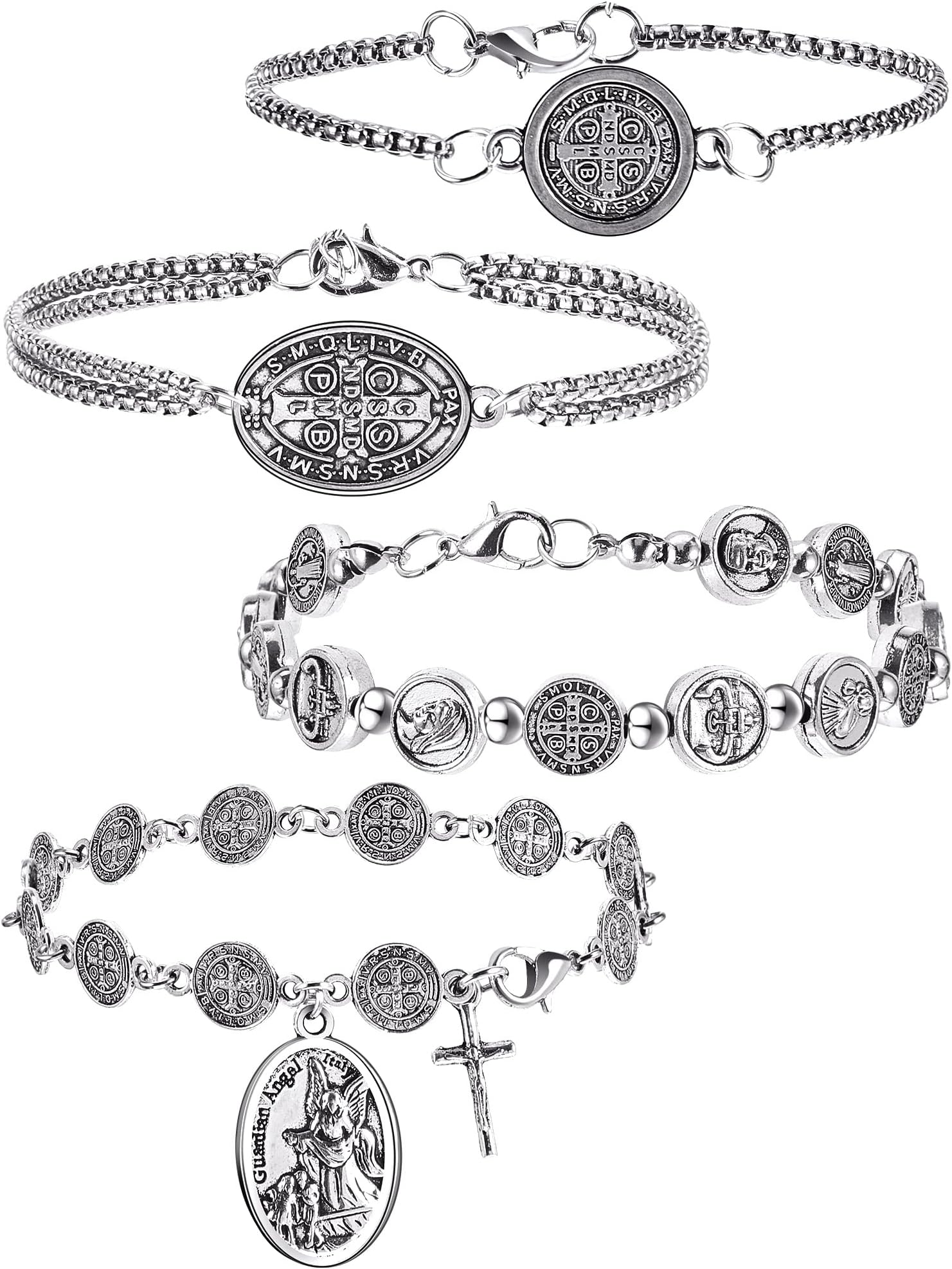 4 Pcs Rosary Bracelet Religious Valentines Gifts Bracelet Catholic Saint Benedict Prayer Bracelet Saint Medal Men Women Christian Jewelry Gift