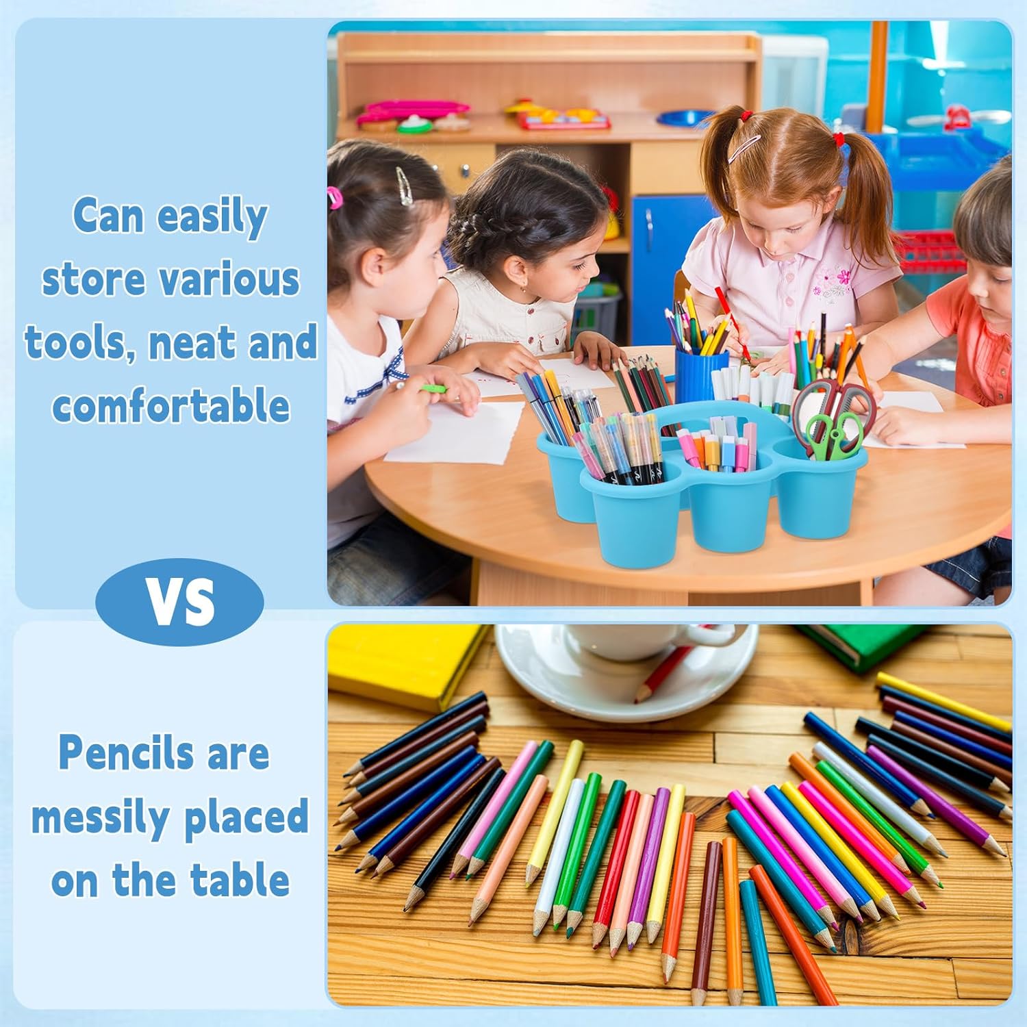6 Pack Classroom Caddy Organizer with Handle Gradient Blue Plastic Table Caddy Drink Cup Caddies Holder 12x9x3.5 Inches Storage School Supplies 6 Compartments for Table Crayon Pencil Cup Marker Craft