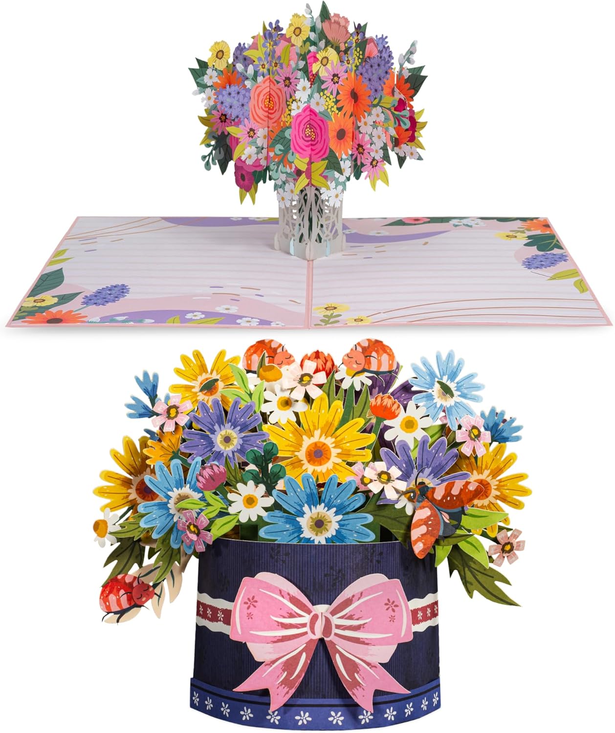 Paper Love 3D Pop Up Card, 2 Pack - Includes 1 Floral Arrangement and 1 Festive Flower Box, For All Occasion - Includes Envelope and Removable Note Tag