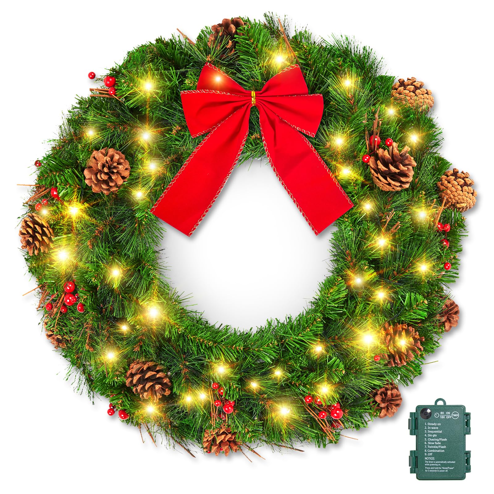 Amazon.com: Brightown 24 Inch Pre-Lit Christmas Wreaths for Front