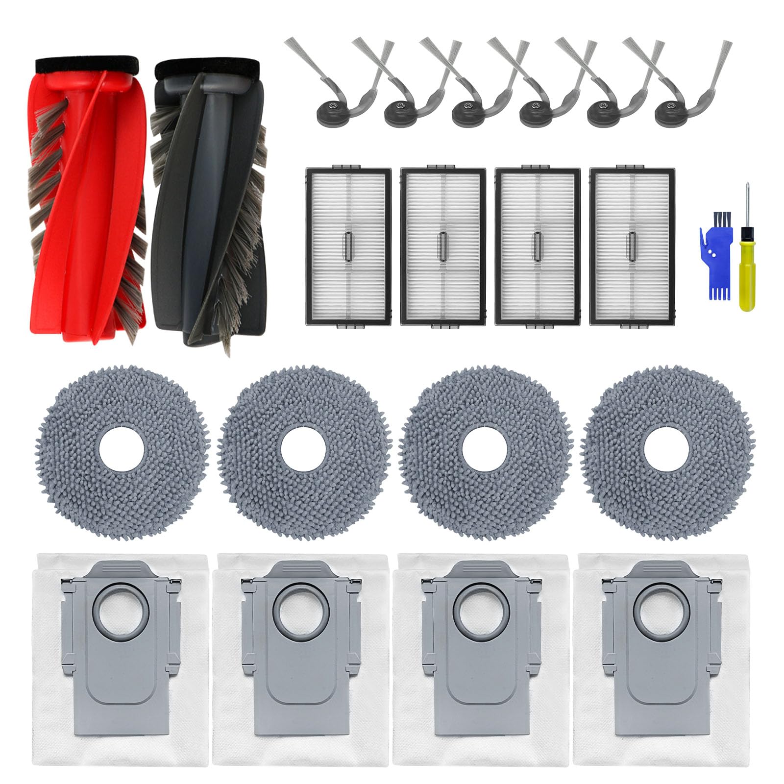 22-Pack Replacement Parts Accessories Kit for Roborock Saros 10R Robot Vacuum Cleaner, 2 Main Brushes, 6 Side Brushes, 4 Filters, 4 Mop Pads, 4 Dust Bags