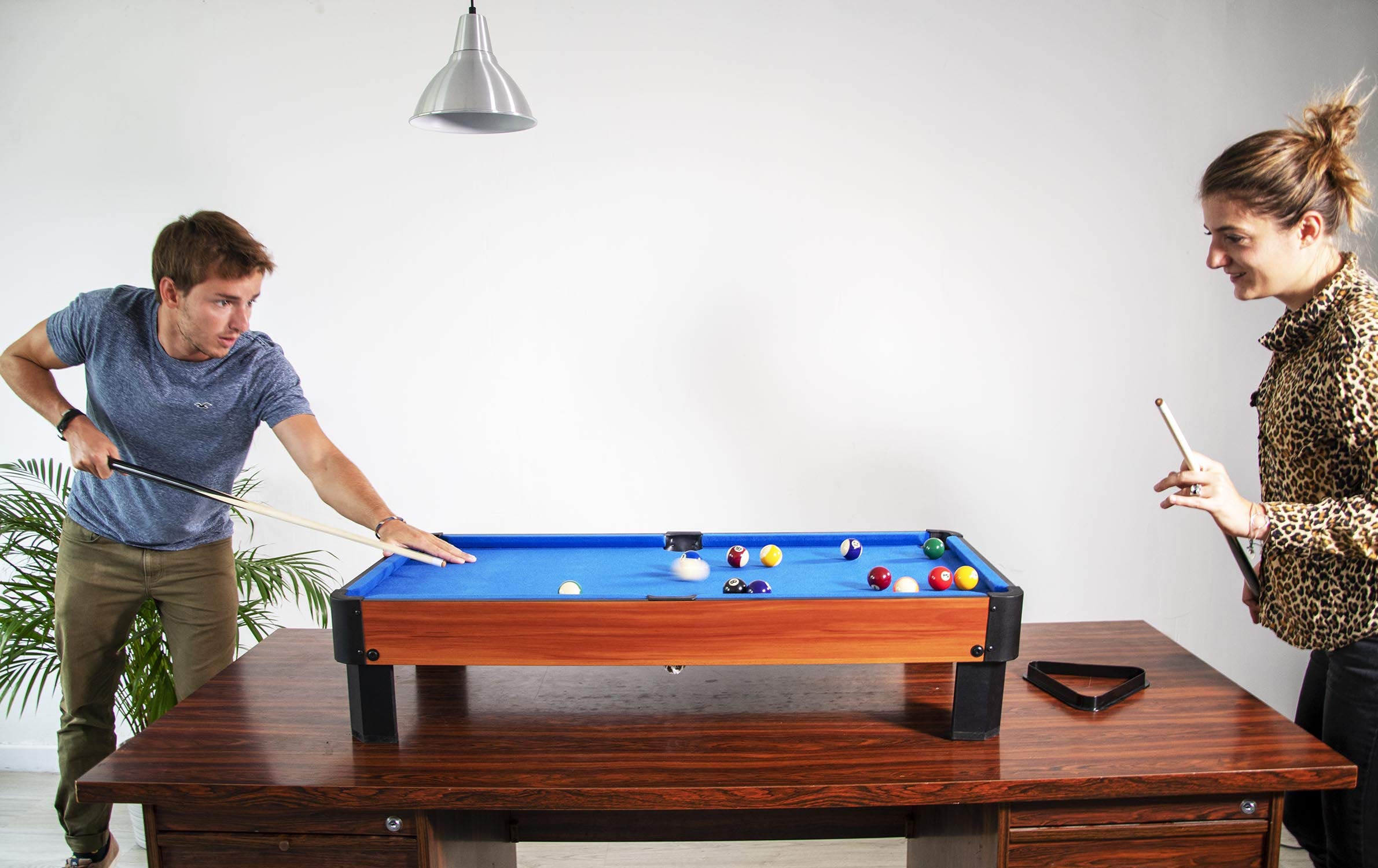 Billard de Table avec Accessoires pour Bureau ou Salle de Jeu, Marron/Tapis Bleu